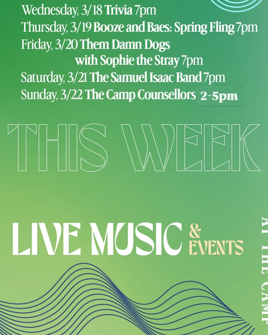 St. Paddy&rsquo;s may be over, but the party is still rollin&rsquo; at The Camp! Check out more events happening this week 👇👇👇

✨Wednesday- Music Trivia 7pm
✨Thursday- Booze and Baes Singles Night - spots still available to be the ultimate wing pe