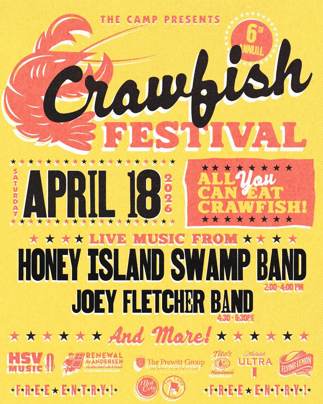 🎶🦞The 6th Annual Crawfish Festival MUSIC LINEUP and ALL YOU CAN EAT WRISTBANDS ARE LIVE! 🦞🎶

➡️Join us on Saturday, April 18 for a full day of over 10,000 lbs of delicious crawfish, full bars and drink specials, LIVE music all day, vendors, and M