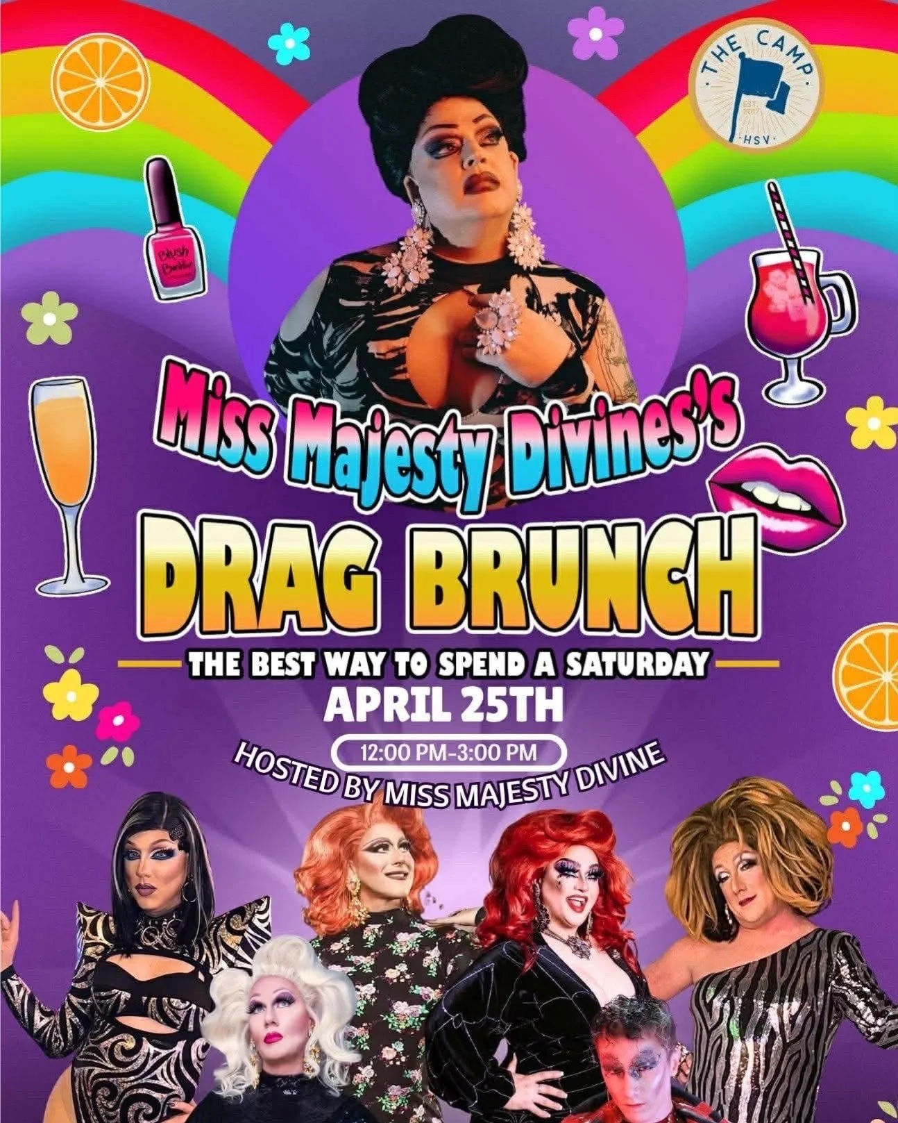 ✨🌈🦄Join us for an unforgettable afternoon of glam, glitter, and fun at Majesty Divine's Drag Brunch at The Camp!

April 25
12:00-3:00pm
18+ ONLY!

Grab your friends and get ready for all the dancing, divas, delicious food, and more! 

Email lennie@