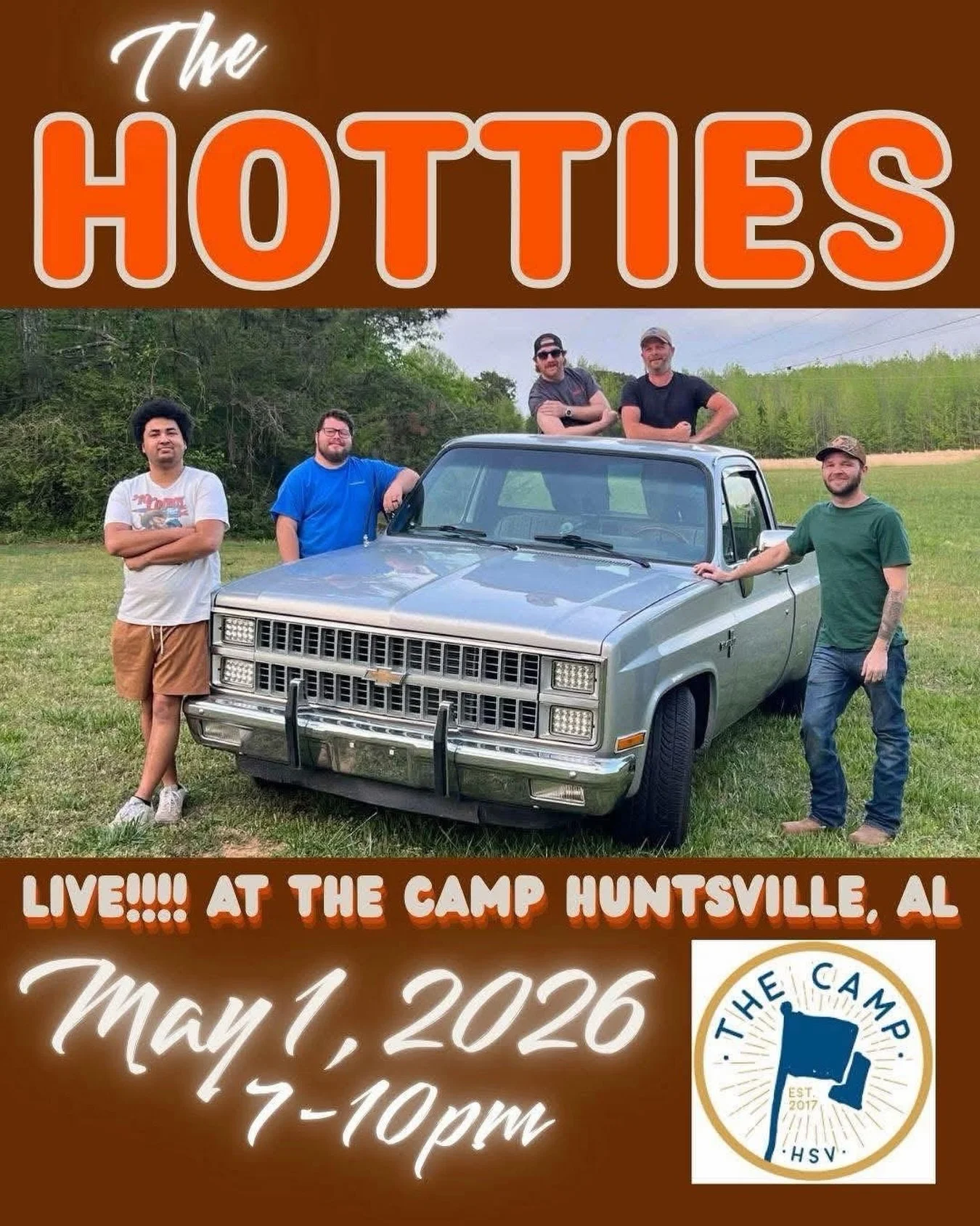 Catch The Hotties at The Camp on Friday, May 1 as they kick off the weekend! They hit the stage at 7pm. 

Happy hour is from 4-7pm. 
$5 drafts
$5 frozen drinks
$4 Busch Light

No cover charge! 
5909 University Drive NW