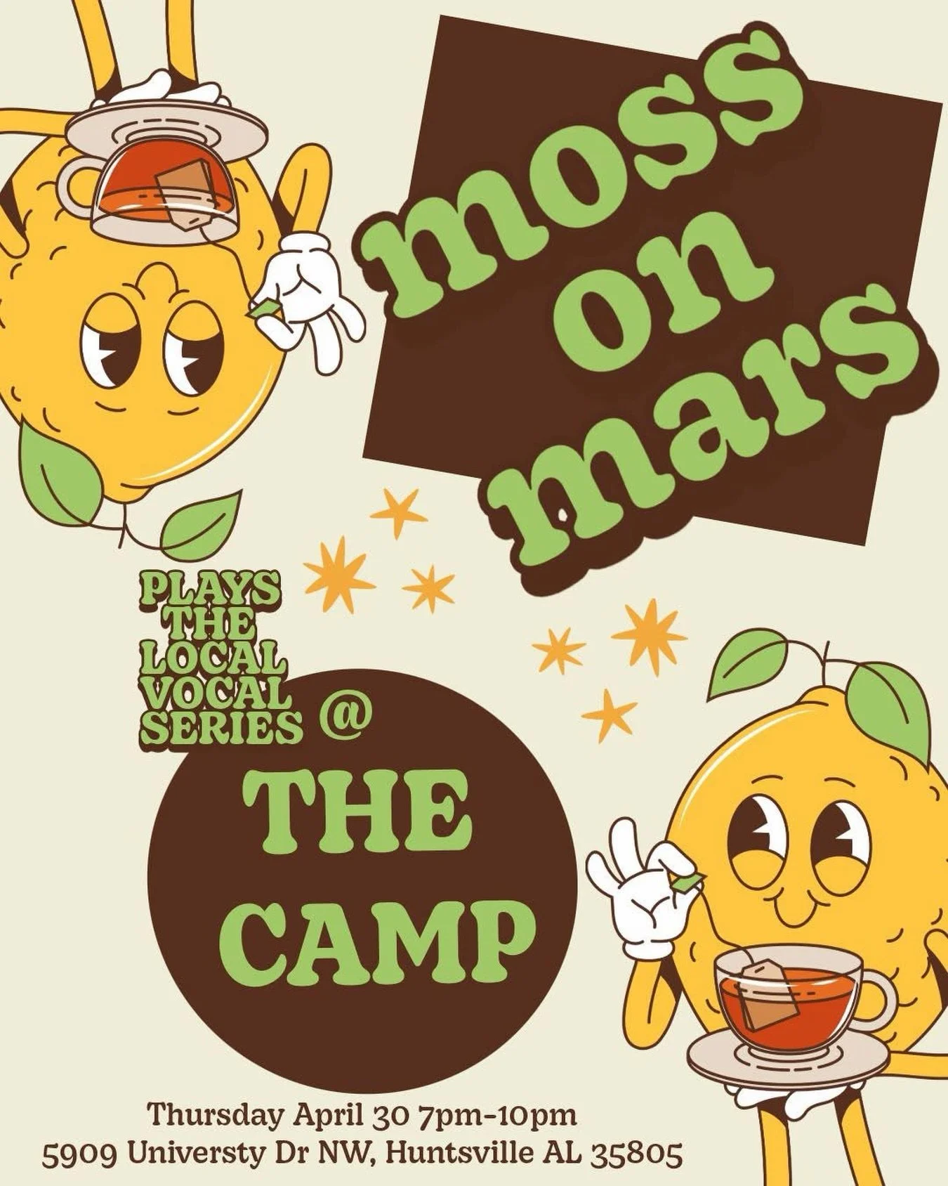 ☀️Come catch the first Moss on Mars show of the season! The Local Vocals series continues this Thursday, April 30 at The Camp! 

⏰Doors open at 4pm. Show starts at 7pm.

🍺Happy hour 4-7pm.
$5 frozen drafts
$5 frozen drinks
$4 Busch Light

All ages w