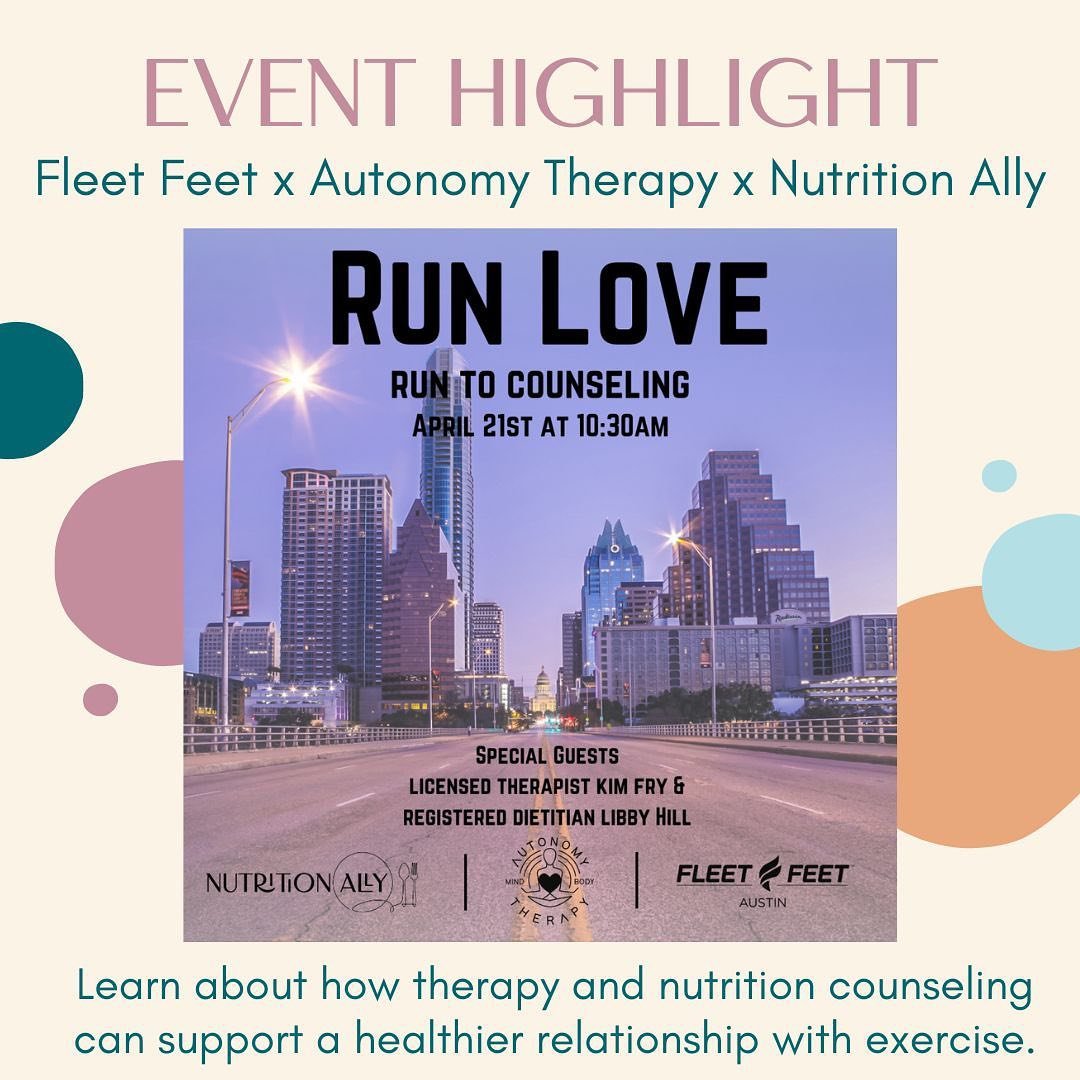 📣🏃🏽&zwj;♂️🏃🏼&zwj;♀️Calling all runners and movement lovers
Join @kimgtherapy + @libbybhill at
@fleetfeetaustin on April 21st at 10:30am as they
provide education on compulsive exercise,
intuitive movement, and everything in-between!

The goal of