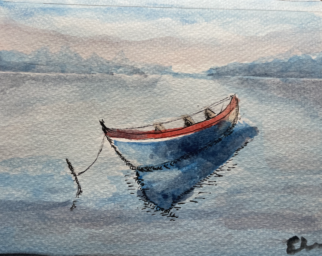 Calm lake with boat, by Ebru Elliott