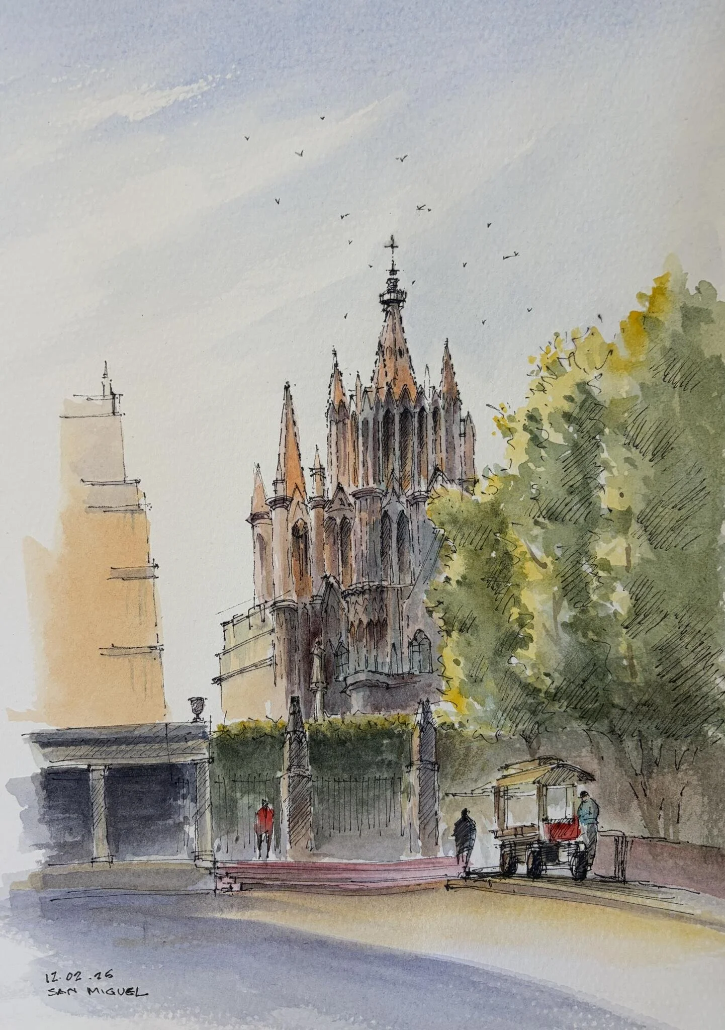 Jardín Allende, San Miguel, Mexico, Ink+Watercolor