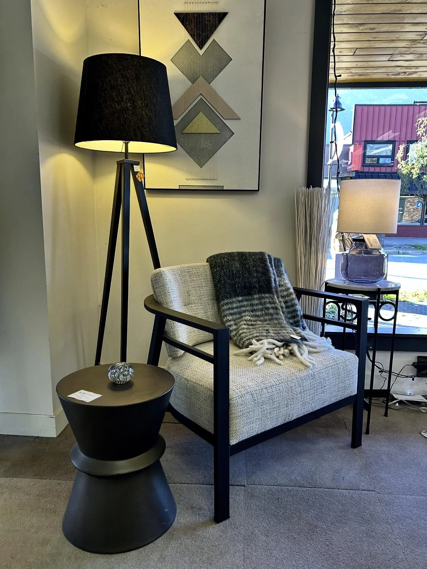 The one and only &lsquo;Munich&rsquo; #chair by @amiscofurniture #comfortably nestled in the front window of our showroom - gives a #cozy #comfortable feeling yet #bold enough to make a #statement in any #livingspace 
#canadianmade and #custom Availa