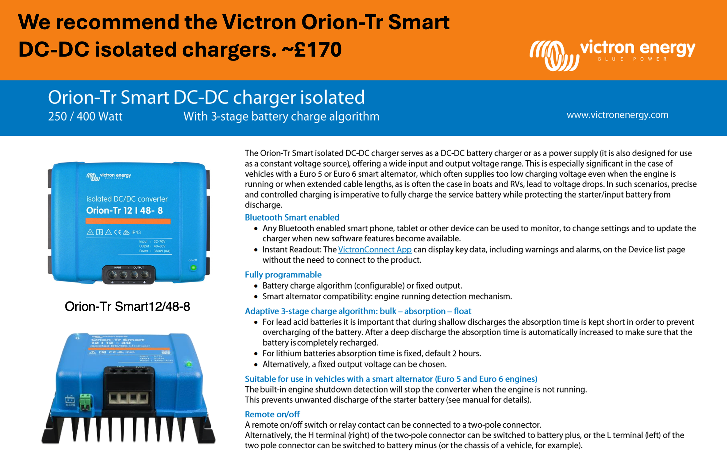Product advertisement for Victron Orion-Tr Smart DC-DC isolated charger with specifications and features, including a photo of the blue charger device, with text describing its capabilities, Bluetooth smart enabled feature, and compatibility for vehicle use.