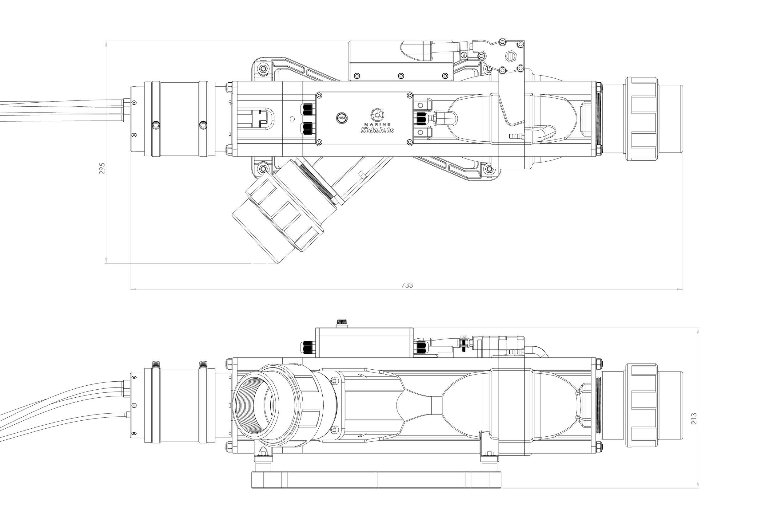 GTD SideJets Technical drawing of a mechanical device with various components, measurements, and labeled parts.