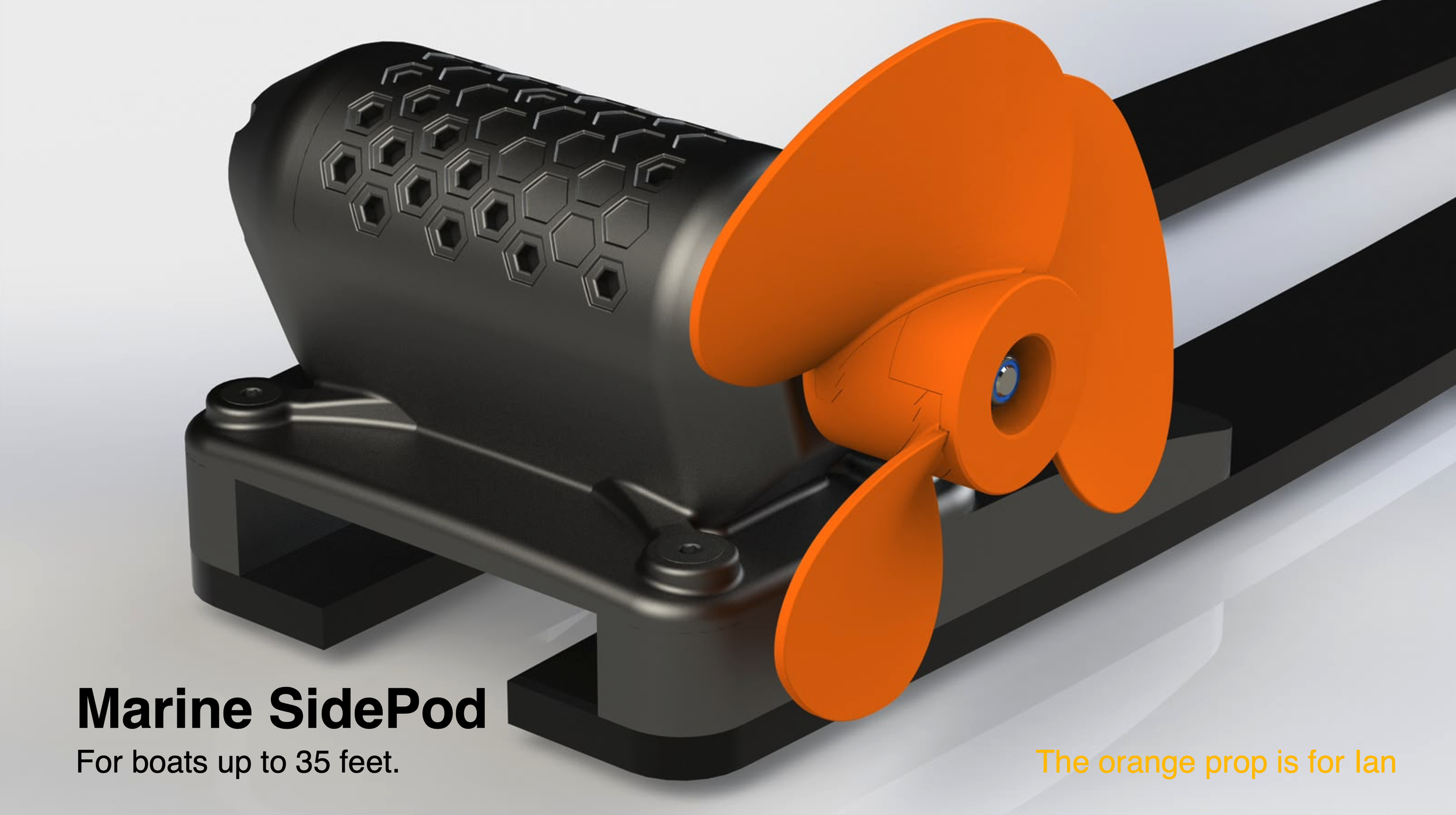 Close-up of a GTD marine sidepod cavitation plate mounted stern thruster attachment for boats, featuring a black perforated cylindrical section and orange propeller blades, mounted on a black base. No drilling or damage.