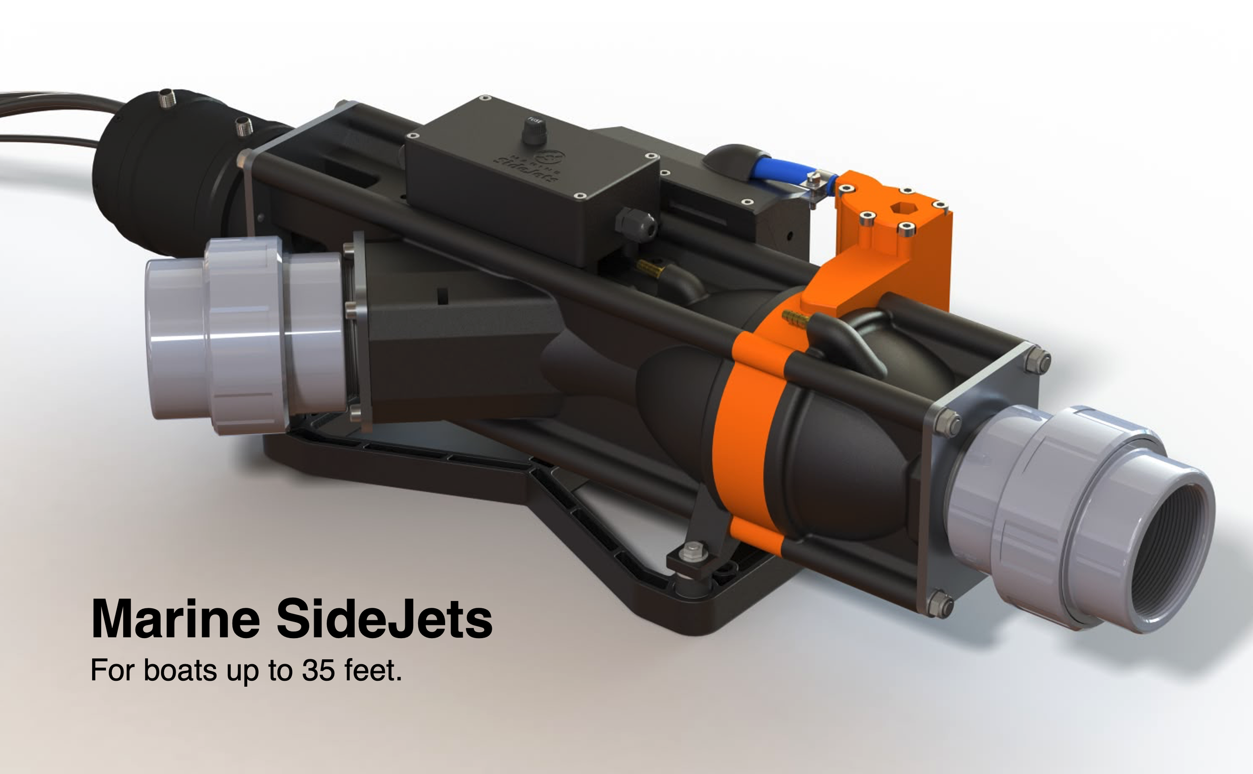 Close-up view of a GTD marine sidejet bow or stern thruster for boats, showing black, orange, and gray components with piping and connections, labeled for boats up to 35 feet.