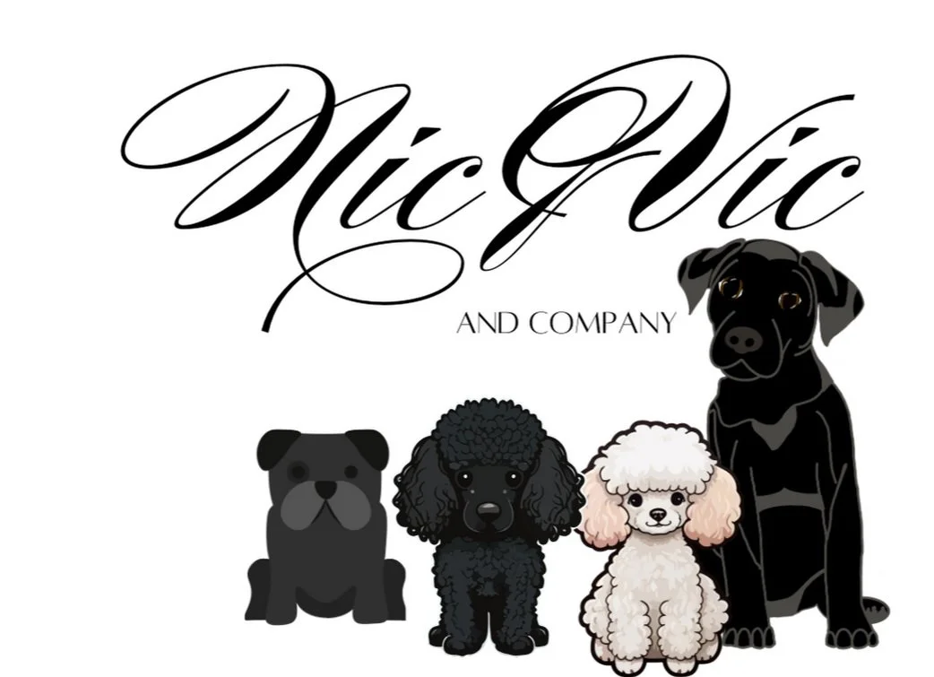 "Nic Vic and Company" logo with illustrations of four dogs: a bulldog, two poodles, and a Labrador.