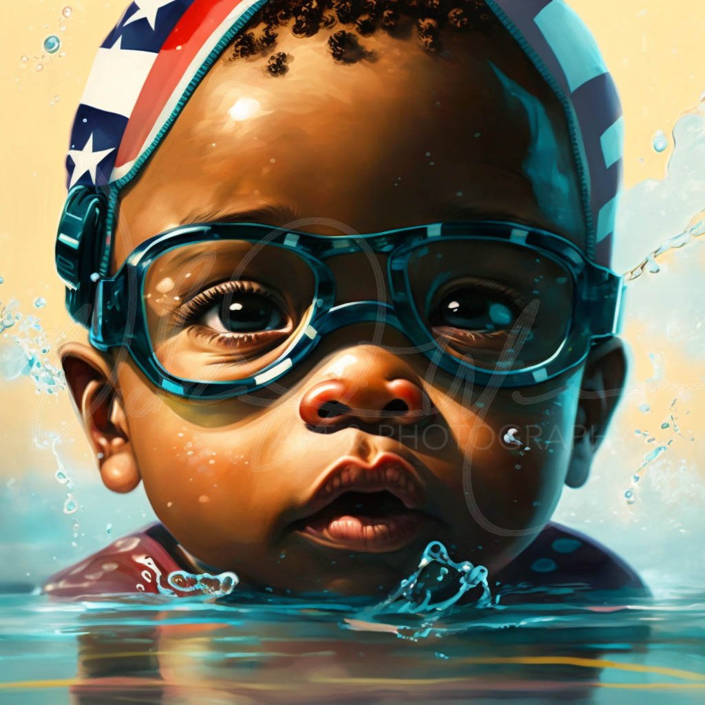 Close-up of a baby wearing blue swimming goggles and a star-spangled swim cap, partially submerged in water with splashes around.