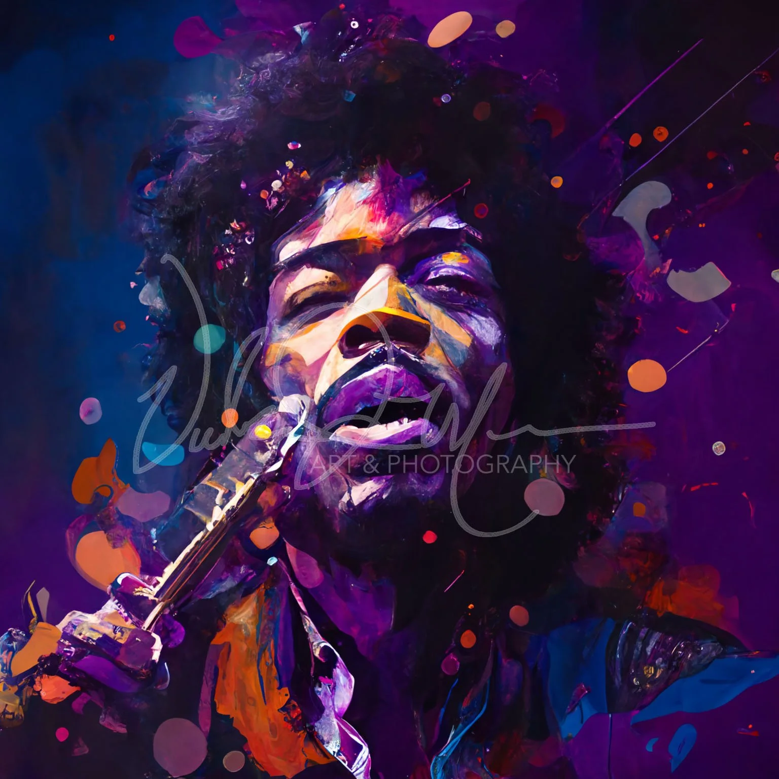 Colorful abstract painting of a person playing a guitar, featuring vivid purples and blues with dynamic brush strokes and splatters.