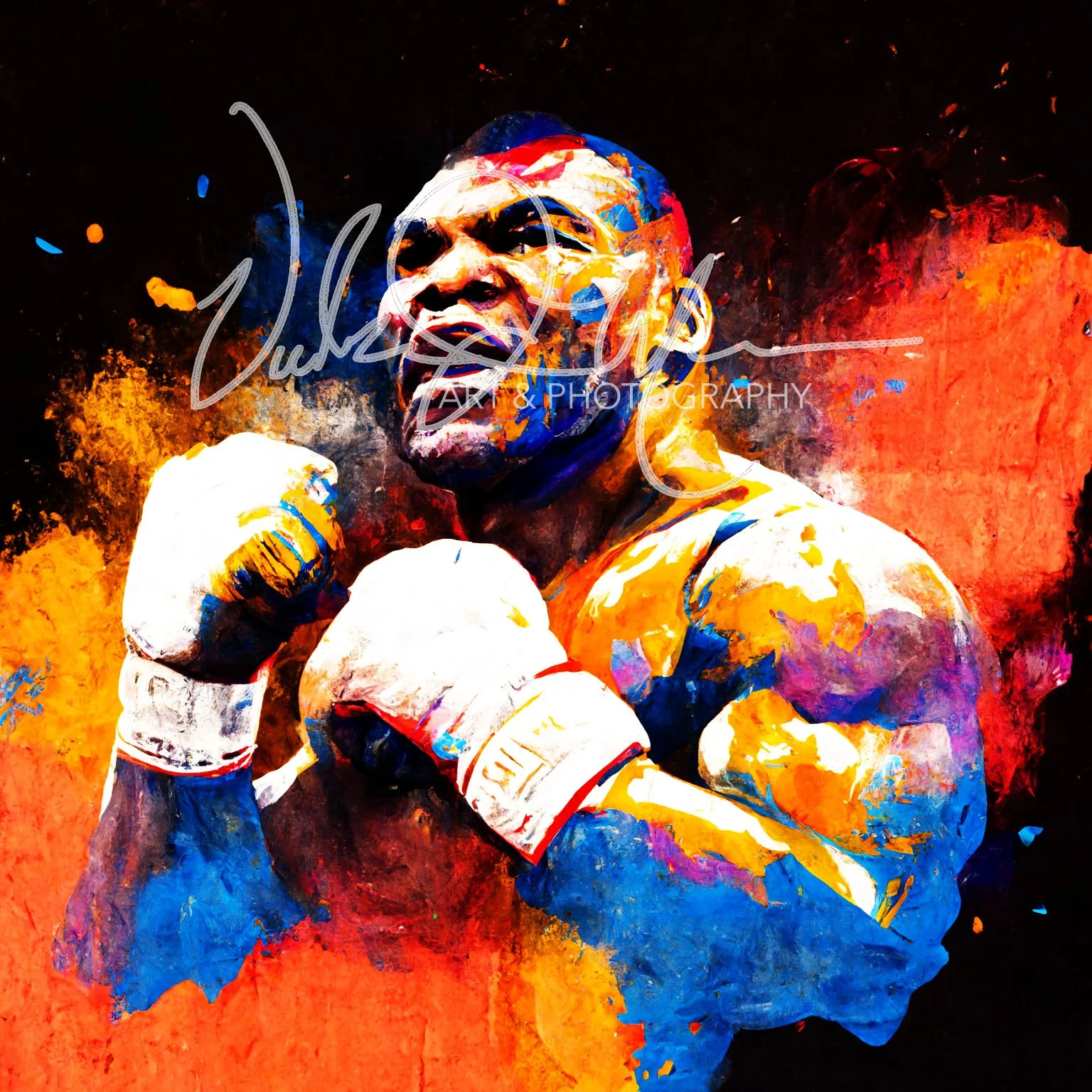 Colorful abstract painting of a boxer in a fighting stance with vibrant splashes of orange, blue, and red, wearing boxing gloves.