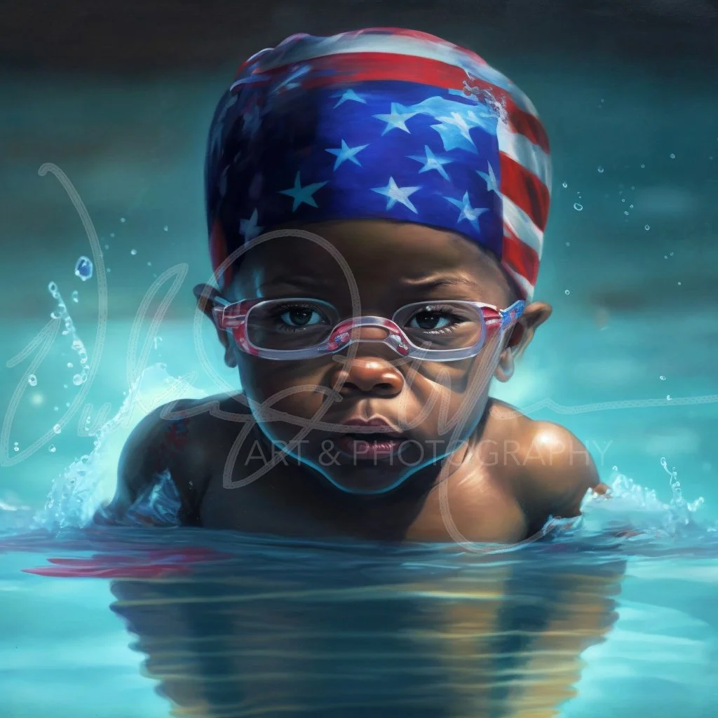 Child swimming with goggles and American flag swim cap in water.