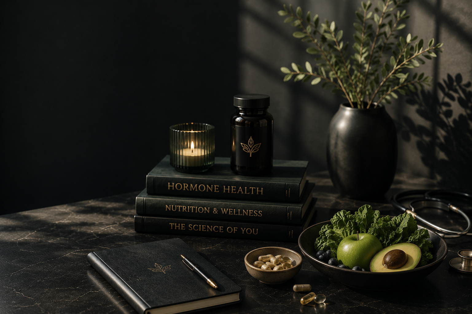 A dark, organized workspace with books titled 'Hormone Health,' 'Nutrition & Wellness,' and 'The Science of You,' a lit candle, a black bottle with a plant icon, a potted plant, a notebook with a pen, capsules, and a bowl of fresh green apple, avocado, lettuce, blueberries, and supplements.