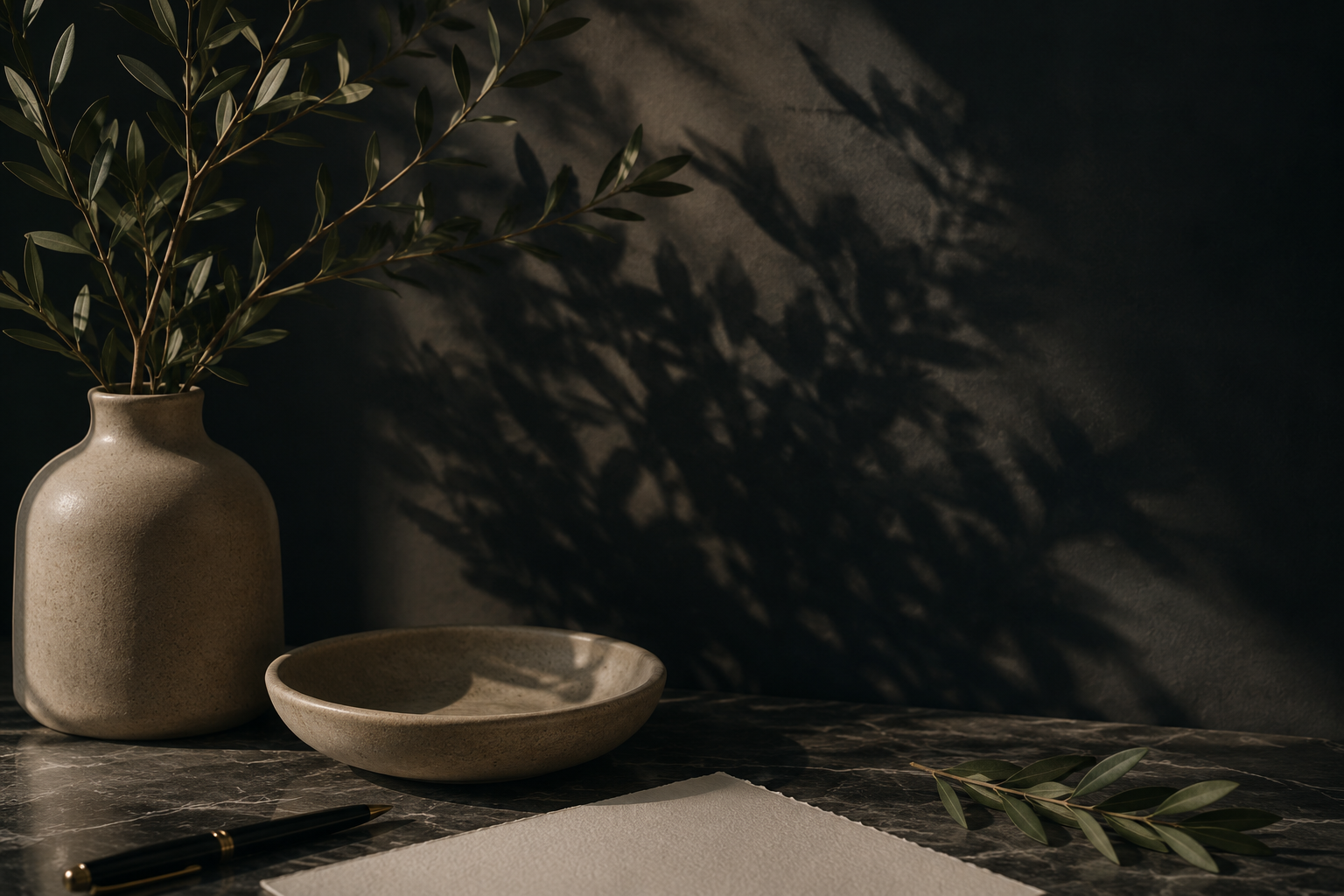 A dark-toned marble desk with a beige ceramic vase holding green leafy branches, a matching ceramic bowl, a black fountain pen with gold accents, a blank white textured notepad, and a sprig of leaves, with shadows cast on a dark textured wall.