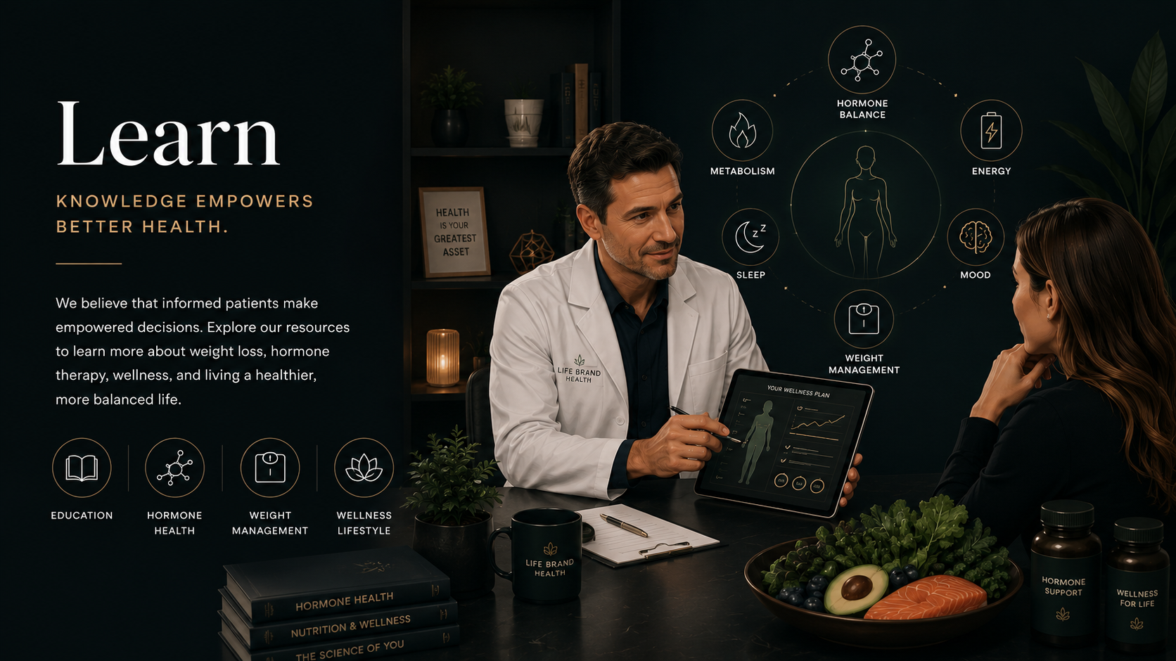Doctor consulting with a patient about wellness plan with health icons, books, and natural foods on the table.