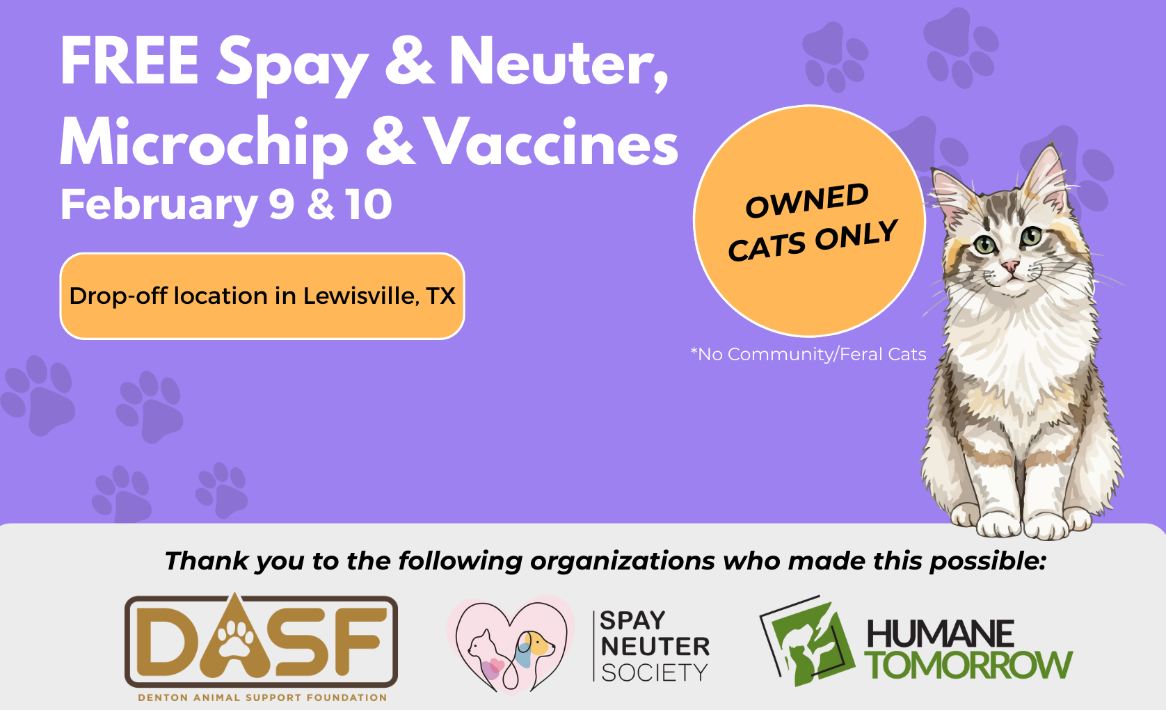 FREE Spay/Neuter, Rabies &amp; FVRCP Vaccination &amp; Microchip for Denton County for CATS ONLY