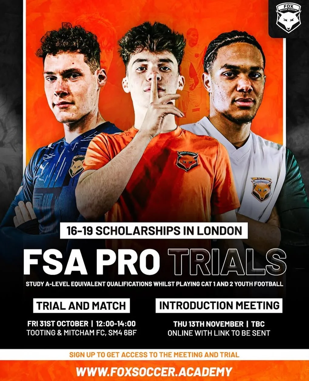 Trials for the next set of 16-19 scholarships are taking place this month in London.

Study A-Level equivalent qualifications and compete in Cat 1 and Cat 2 football with our FSA PRO Scholarship programme, which has seen 18 graduates sign for profess