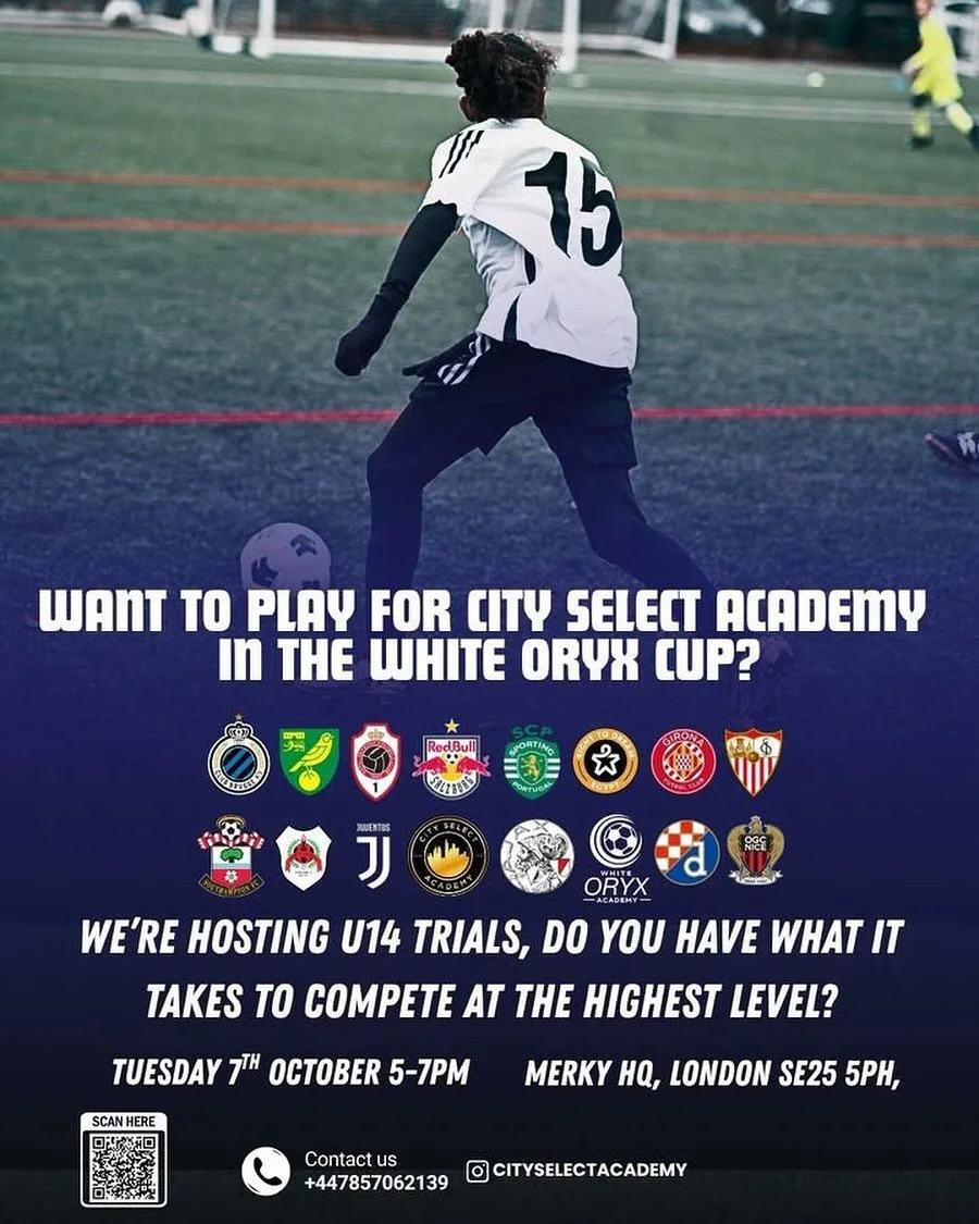 🚨 TRIALS ANNOUNCEMENT! 🚨

@cityselectacademy is on the lookout for top U14 talent to represent us at the prestigious White Oryx Cup 2025 in Qatar 🇶🇦⚽

Do you have what it takes to compete against elite international clubs and showcase your skills