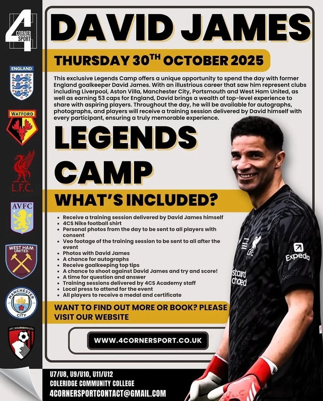 LEGENDS CAMP ⚽️

Not long to go until you can spend the day with former England goalkeeper David James at @4.corner.sport exclusive Legends Camp! 🧤⚽

📅 Thursday 30th October 2025
📍 Coleridge Community College

What&rsquo;s included:
✔️ Training se