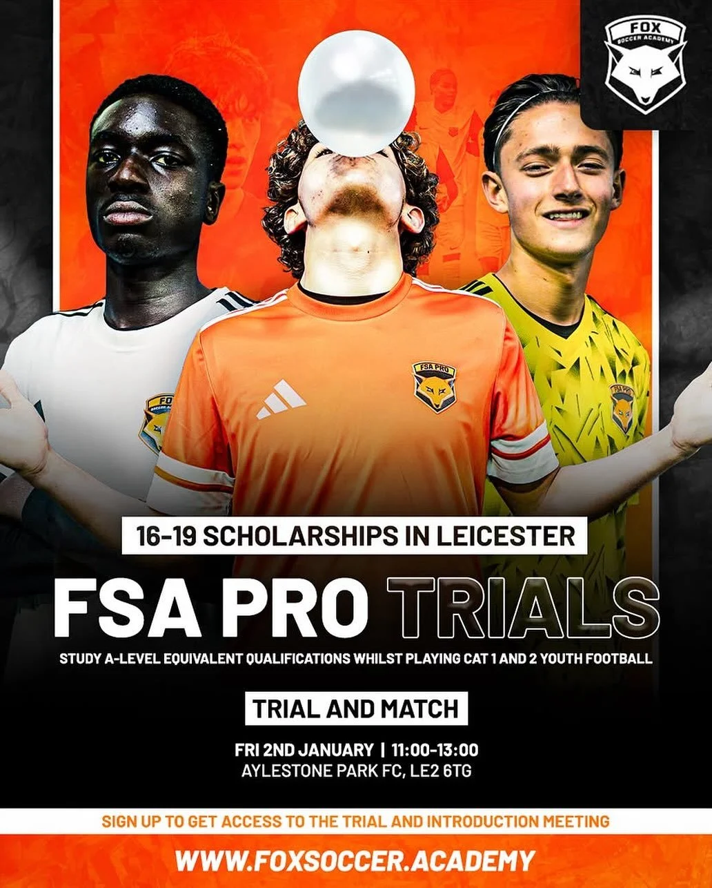 Trials for the new intake of 16-19 scholarships are taking place this January in Leicester ⚽️

Study A-Level equivalent qualifications and compete in Cat 1 and Cat 2 football with their FSA PRO Scholarship programme, which has seen 18 graduates sign 