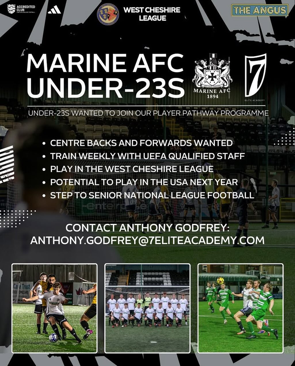 RECRUITMENT 🇬🇧🇺🇸 

@7eliteacademyuk are looking for players to sign with their Player Pathway partners @marineafc Under-23s and play in the @west_cheshire_a.f_league ✍

In particular, they want to sign CENTRE-BACKS and FORWARDS to train with UEFA