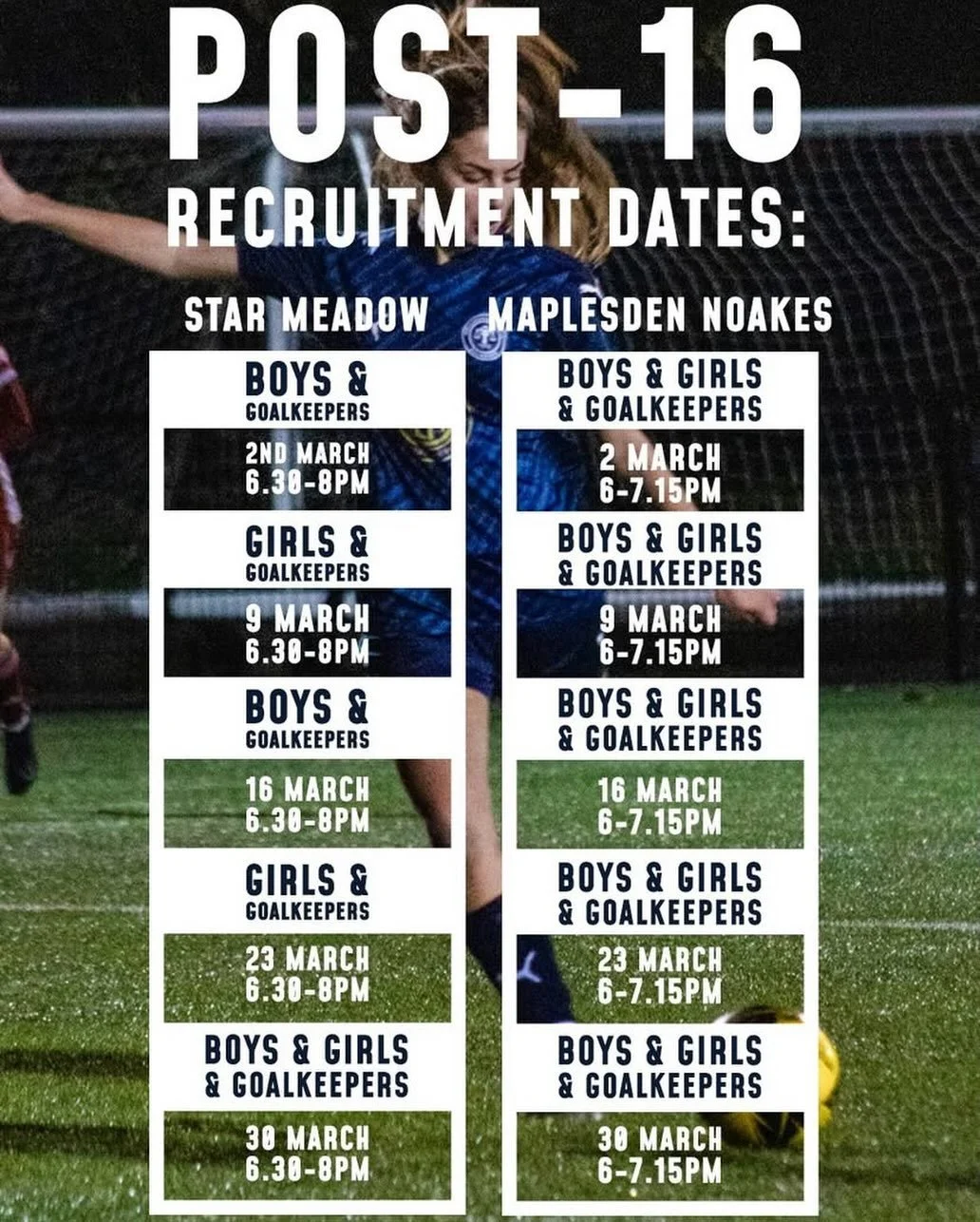 @soccerelitefa TERM-TIME POST-16 EVENING RECRUITMENT SESSIONS ⚽📚

FREE sessions open to Year 10 &ndash; Year 14 players.

🔵 Open to current SEFA players
🔵 Open to non-SEFA players

🔥 A great way to get a real feel for the SEFA Post-16 programme

