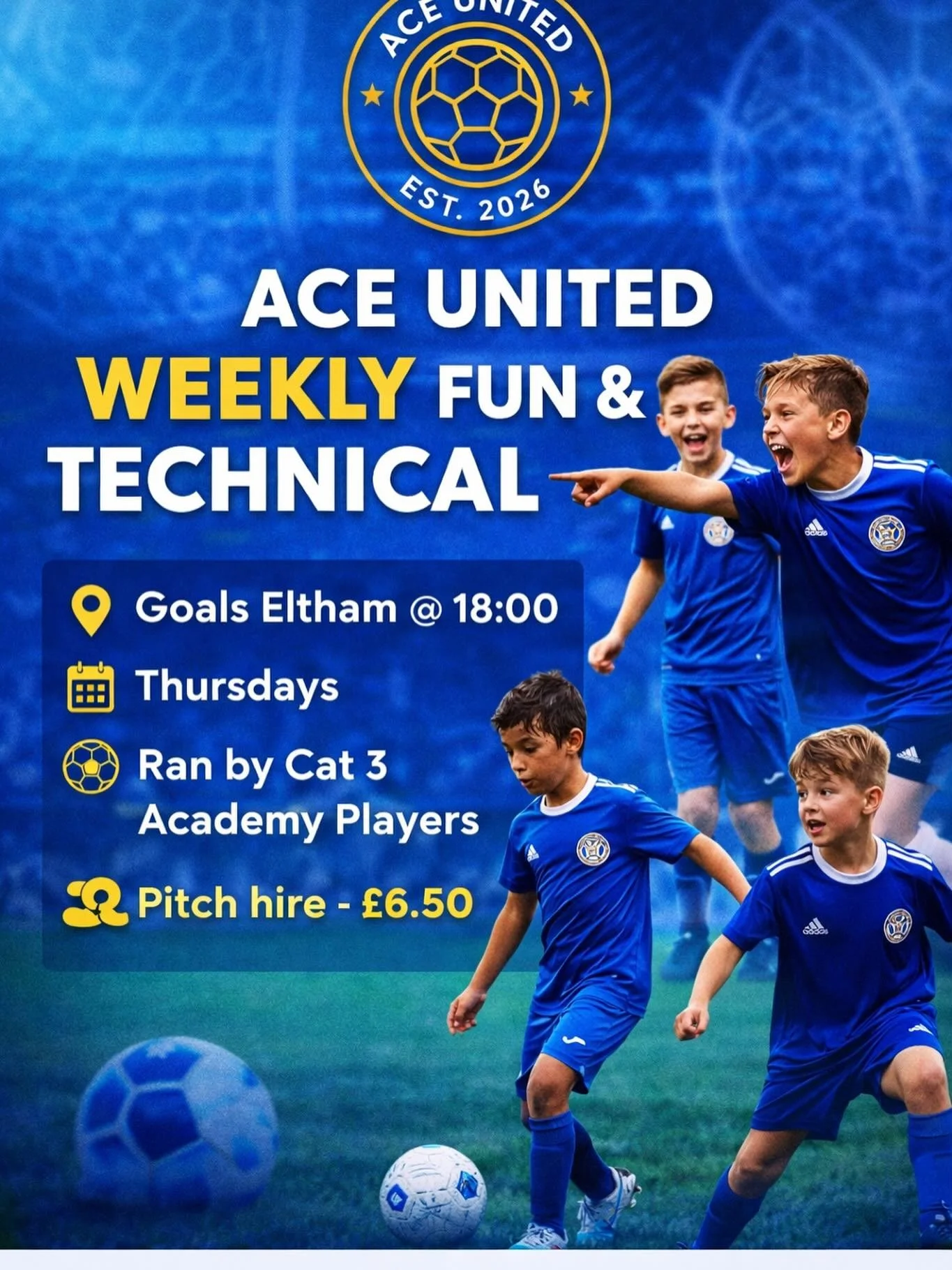 ⚽🔥 Weekly Fun &amp; Technical Sessions are here! 🔥⚽

Join @aceunitedfootballclub every Thursday at 18:00 at Goals Eltham for high-energy sessions focused on skill, confidence, and fun 🙌

✅ Ran by Cat 3 Academy players
💷 &pound;6.50 pitch hire
📩 
