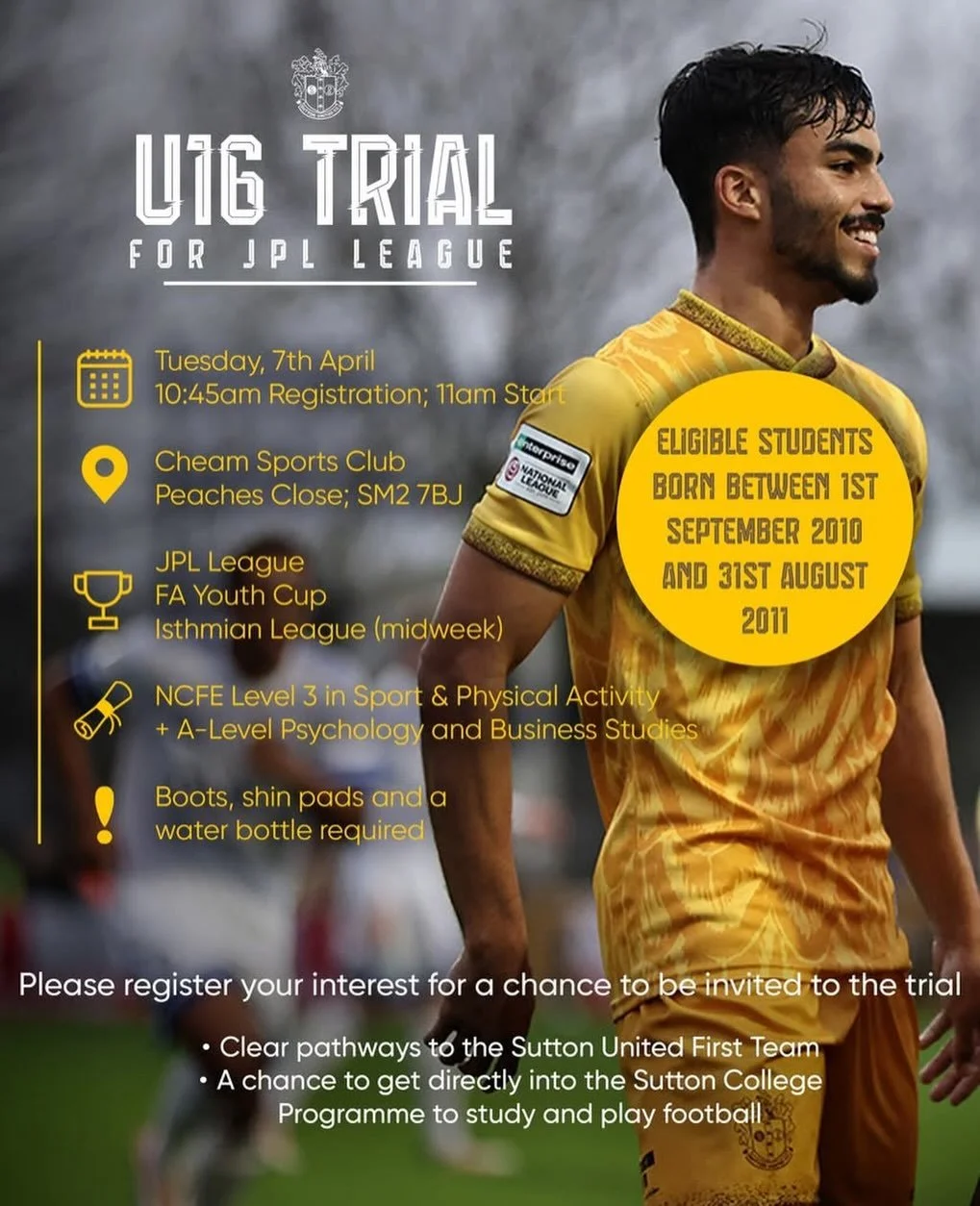 @sutton_academy can confirm additional trial dates in April ⚽️

#footballtrials #footballacademy #pftrials