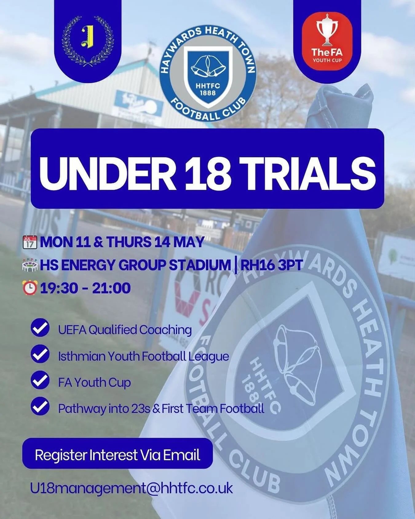 @hhtfcofficial are pleased to announce the upcoming trials for their U18s ahead of the 2026 / 27 Season ⚽️

Their U18 team currently play in the Isthmian Youth Football League East Division and also compete in the FA Youth Cup.

The upcoming trails w