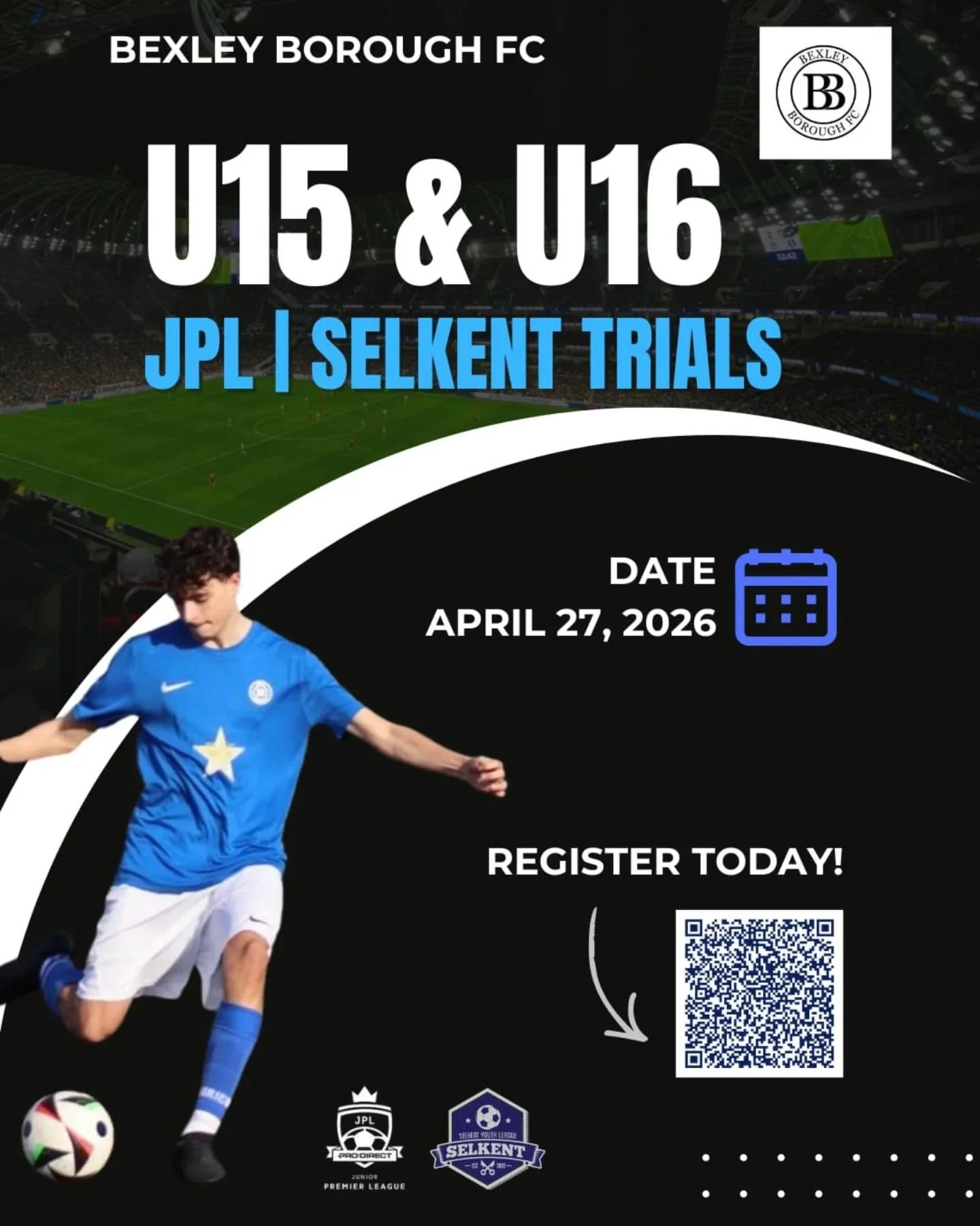 🚨 BEXLEY BOROUGH FC TRIALS 🚨

U15 &amp; U16 players &ndash; this is your chance.

📅 Date: Monday 27th April (6-8pm)
⚽ Age Groups: U15 &amp; U16
📲 Register: Scan the QR code or tap the link in @bexleyboroughfc bio

Bring boots for 3G, shinpads, wa