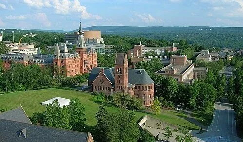 Photo of Cornell University from atop McGraw Tower looking southeast; Barnes Hall, Sage Hall