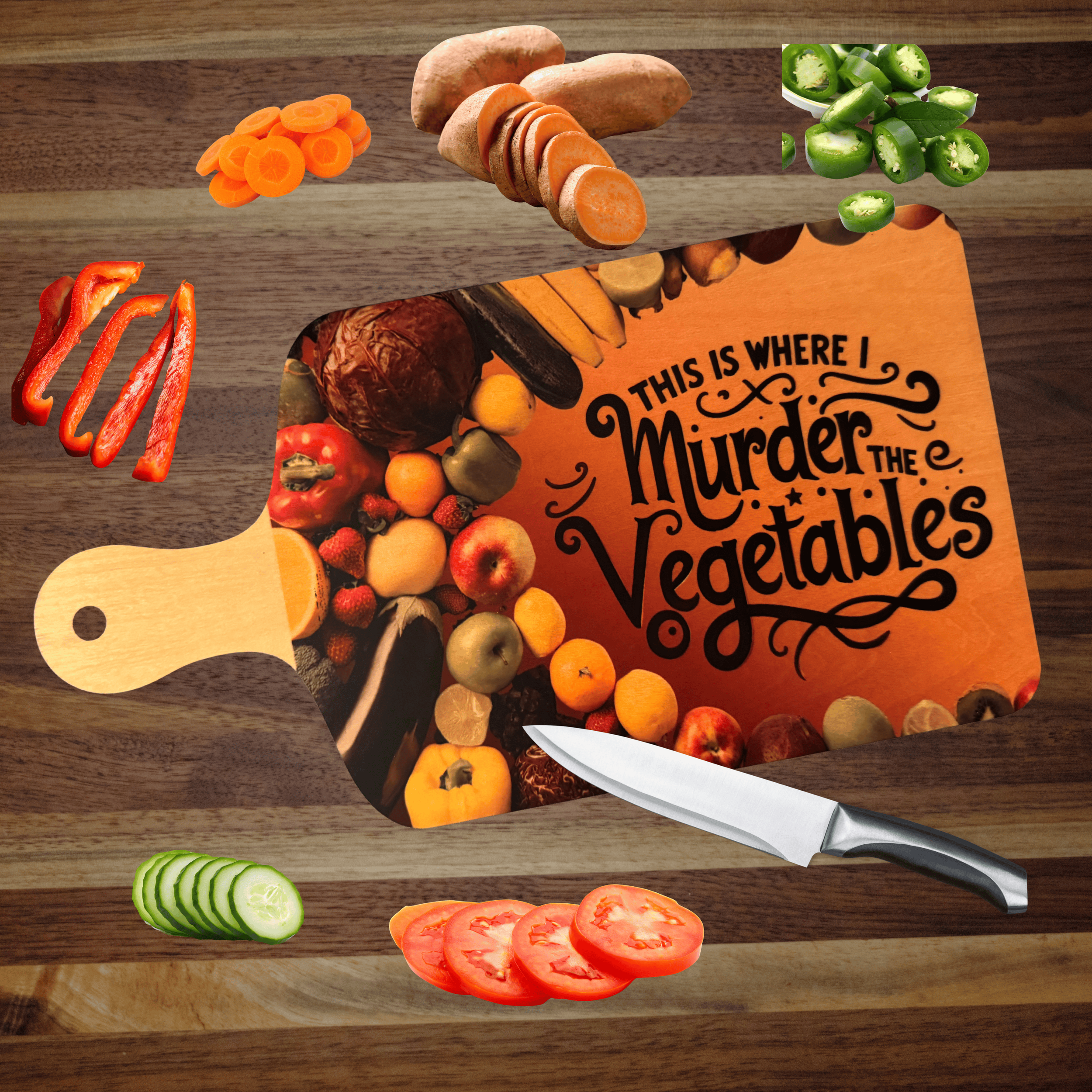 Murder the Veggies Wooden Cutting Board