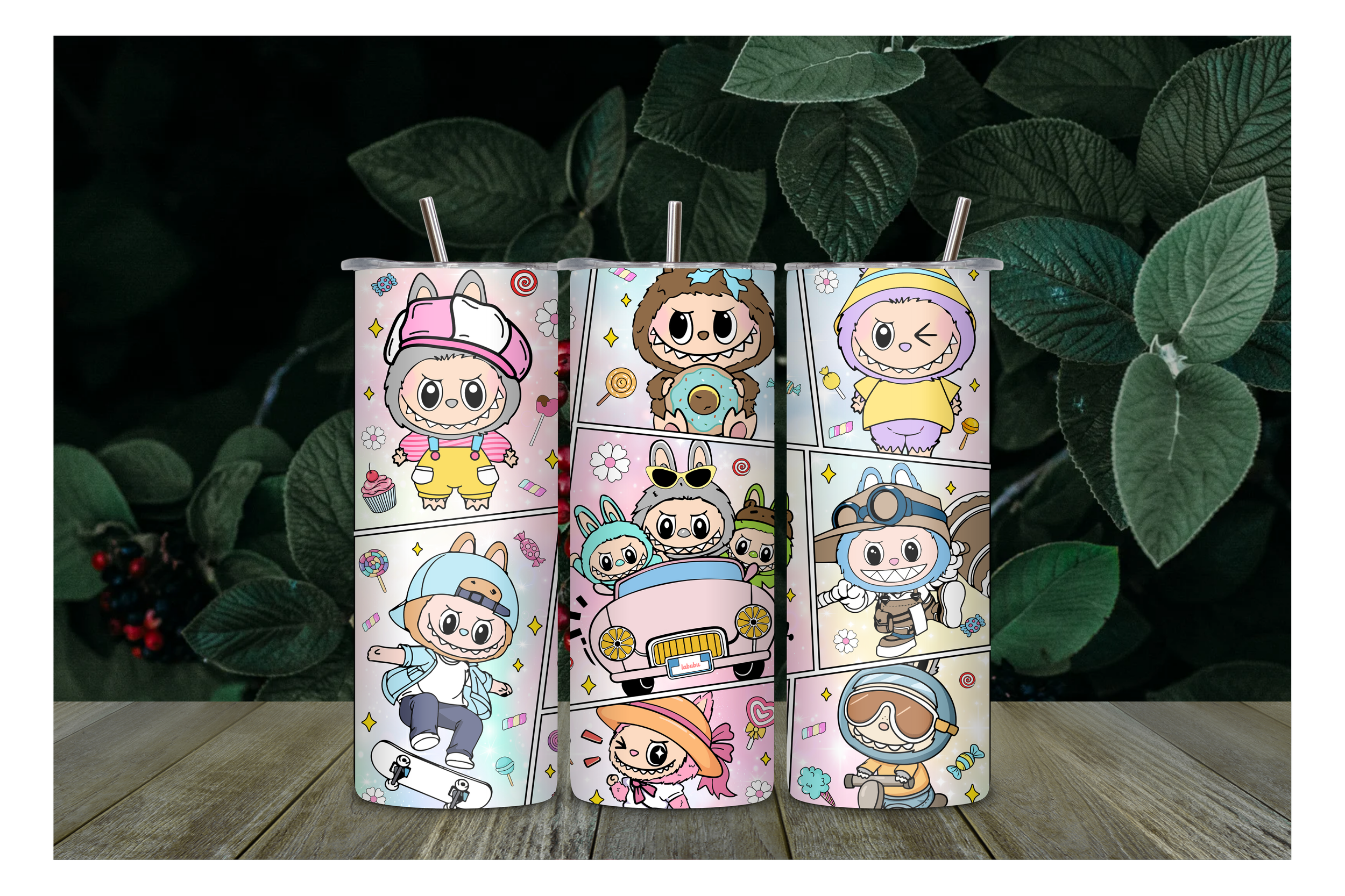 Labubu Skateboarder, Car and Donut Tumbler