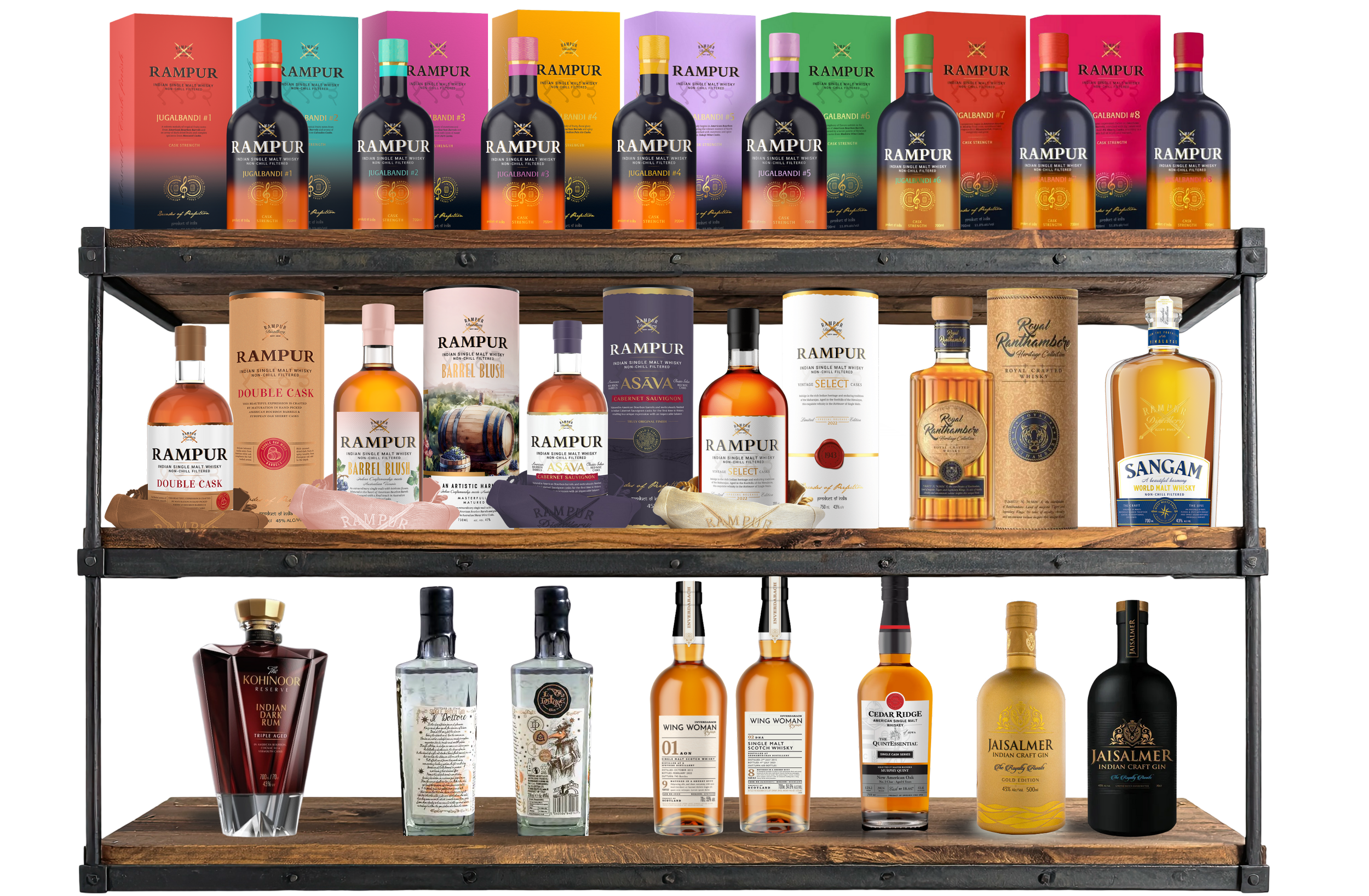 A display of various bottles of Indian and international liquor, including whisky, rum, gin, and gin on a wooden shelf with colorful packaging on the top shelf, and smaller bottles and bottles with different labels on the lower shelves.