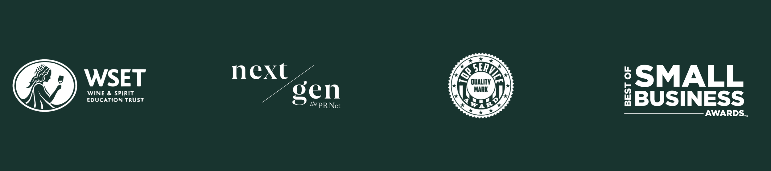 Logos and text for wine and spirit education trust, next gen PR network, quality mark, and small business awards on a dark green background.