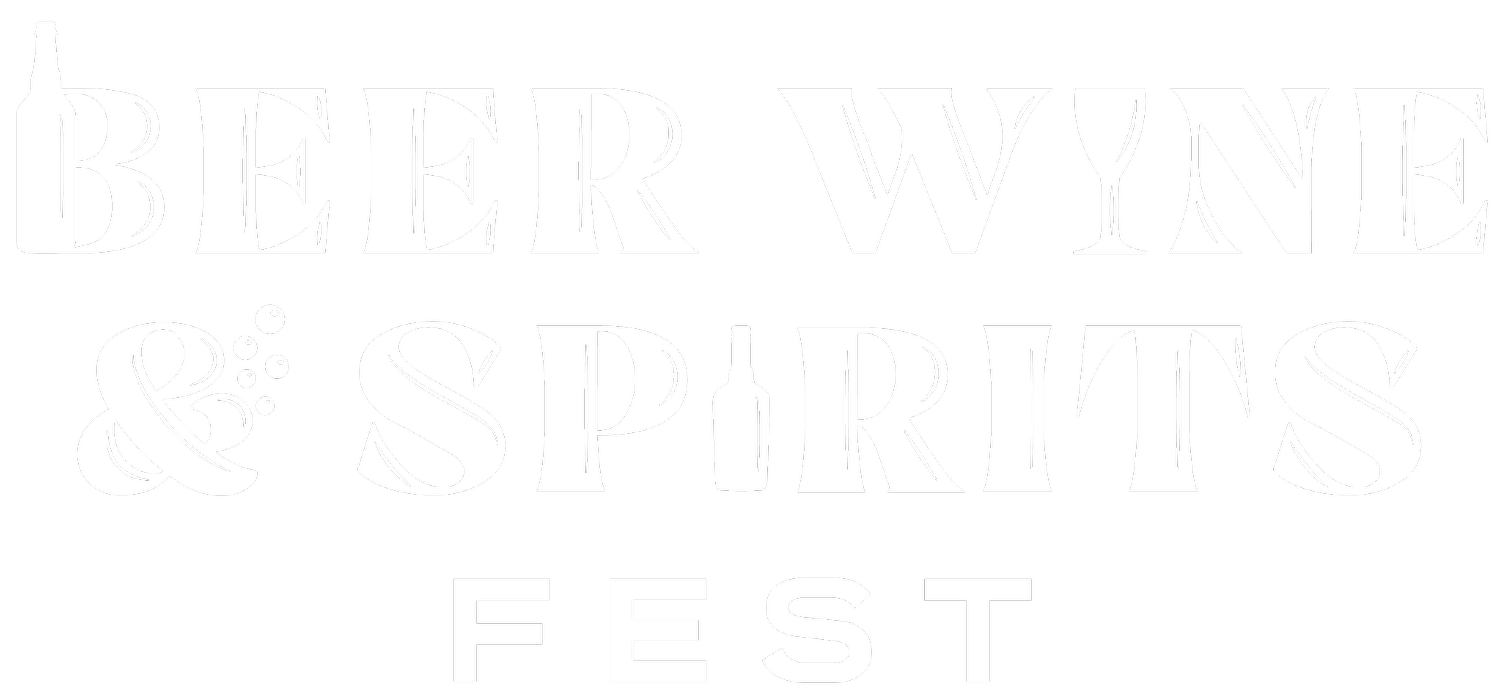 Black and white logo for a beer, wine, and spirits festival featuring stylized text and a wine bottle silhouette.
