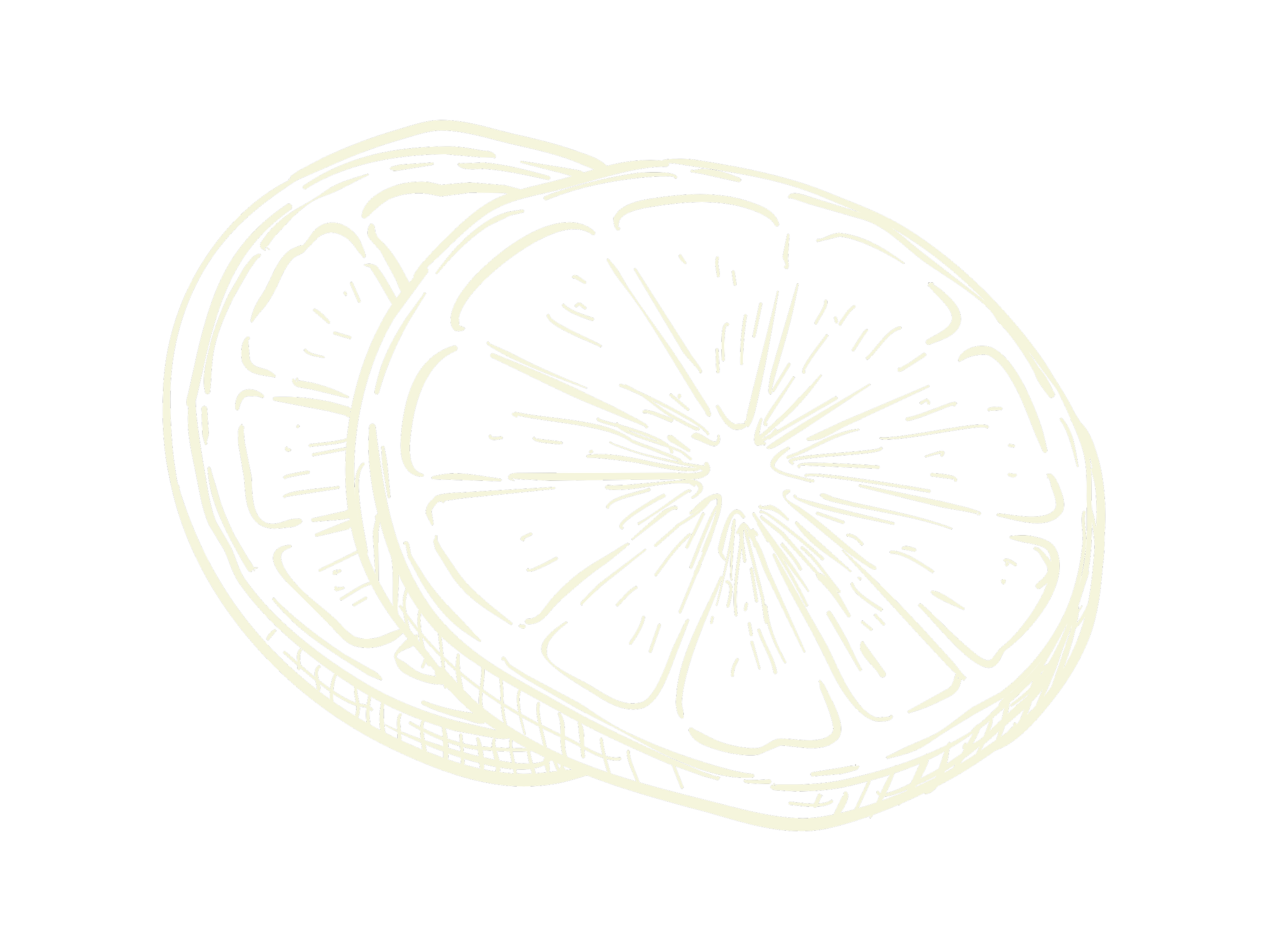 Line drawing of two lemon slices on a black background.