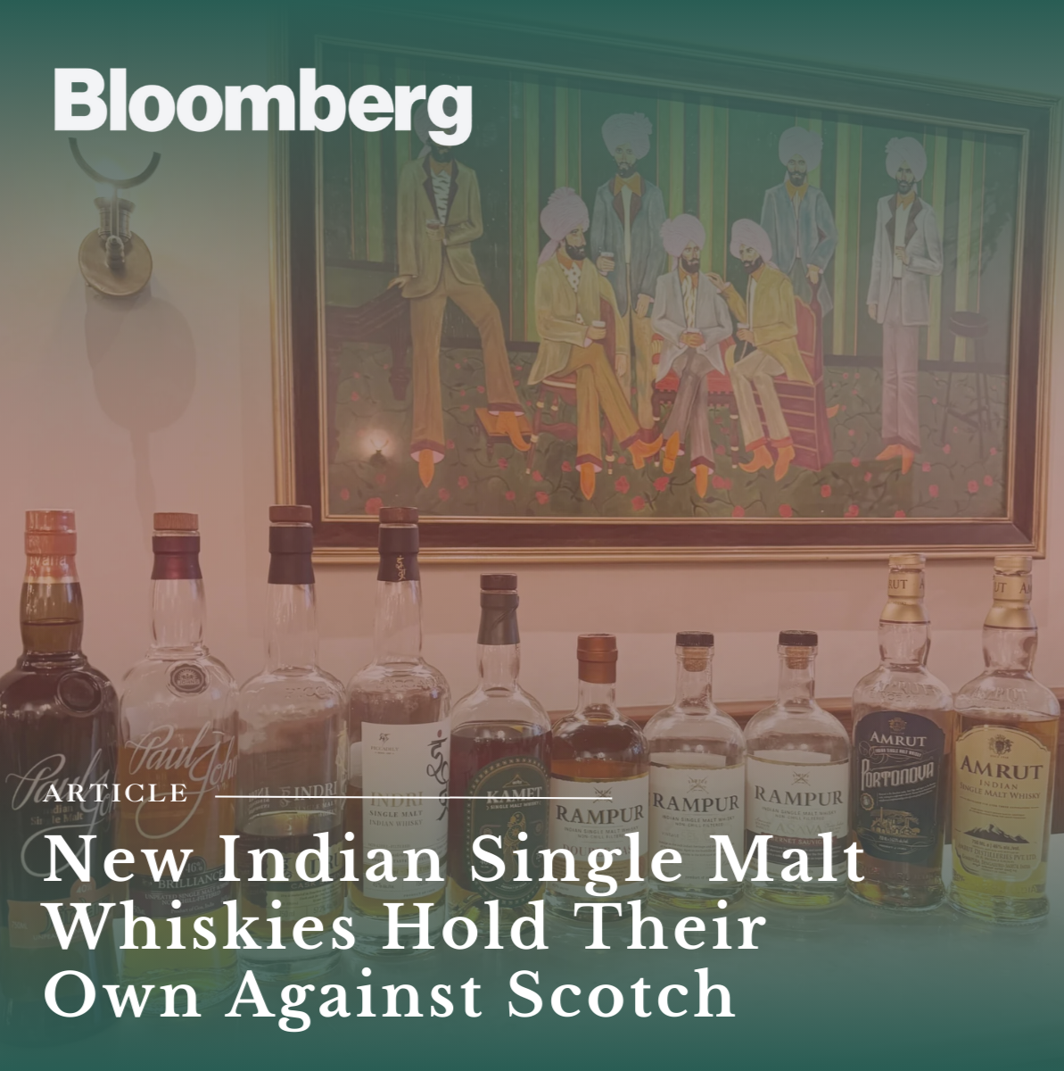 Row of Indian single malt whiskey bottles in front of a colorful painting of men wearing turbans and traditional clothes, with the Bloomberg logo and article title about Indian whiskey brands.