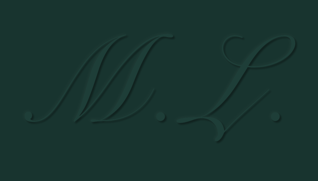 Dark green background with embossed initials M.L.
