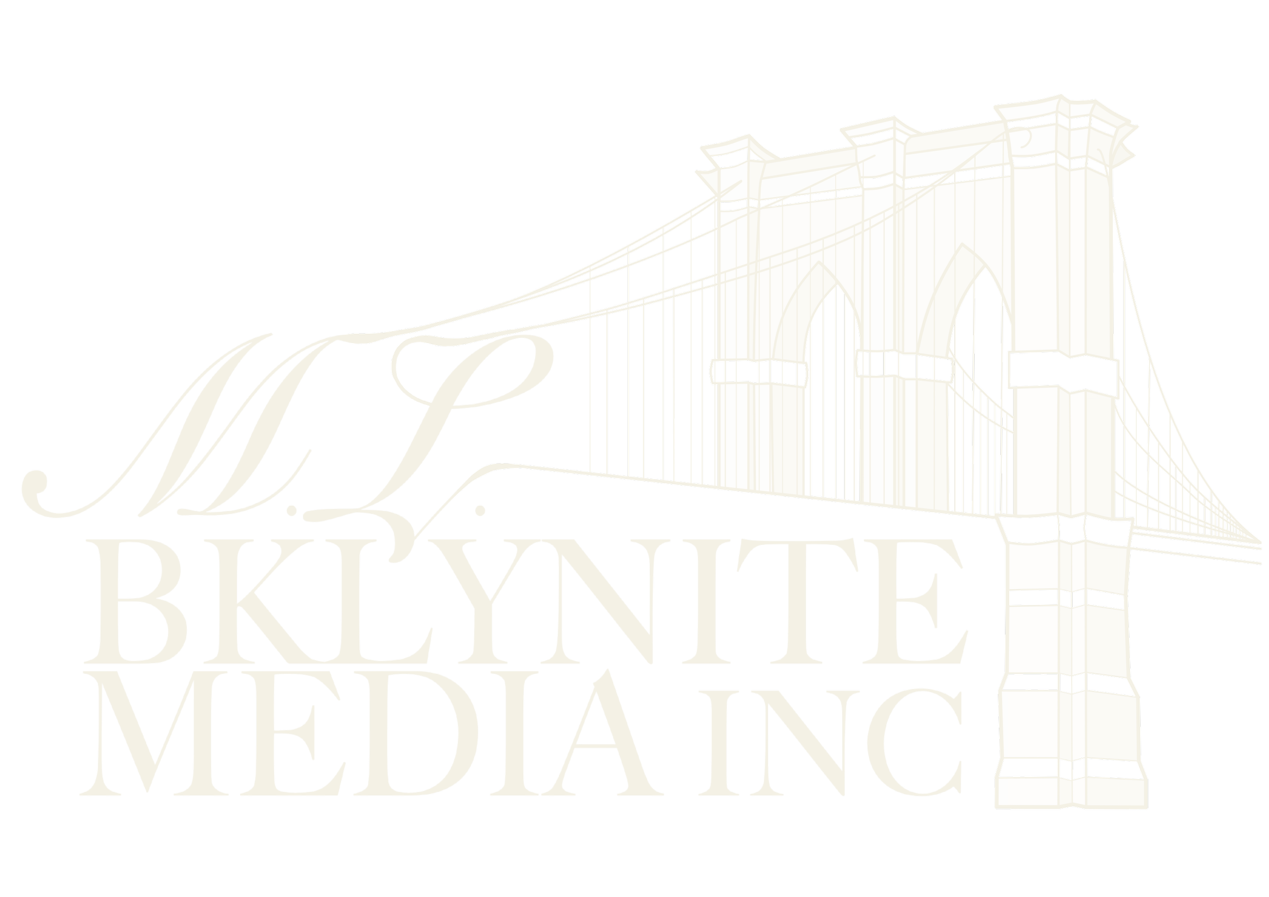 A black and white logo featuring a stylized illustration of the Brooklyn Bridge and the text 'M.L. Brooklyn Media Inc' with 'Brooklyn' written in large, prominent letters.