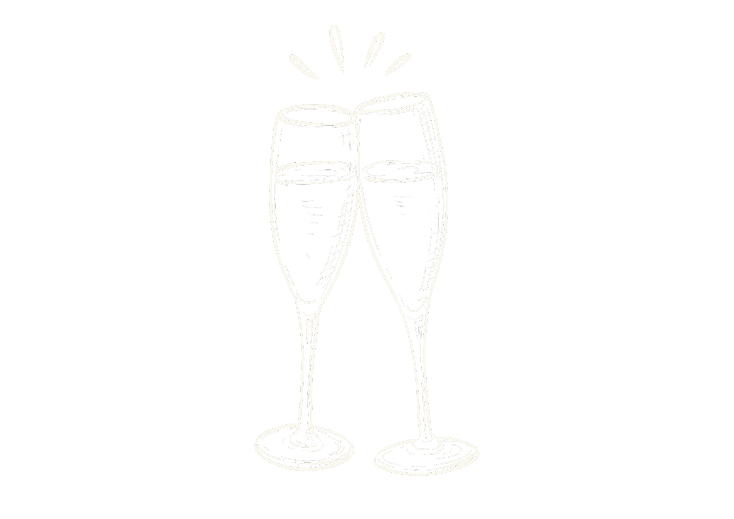 White line drawing of two clinking champagne glasses on a black background, with splash marks above indicating celebration.