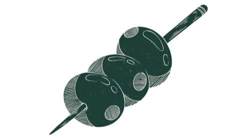 Drawing of three olives on a skewer with a small knife.