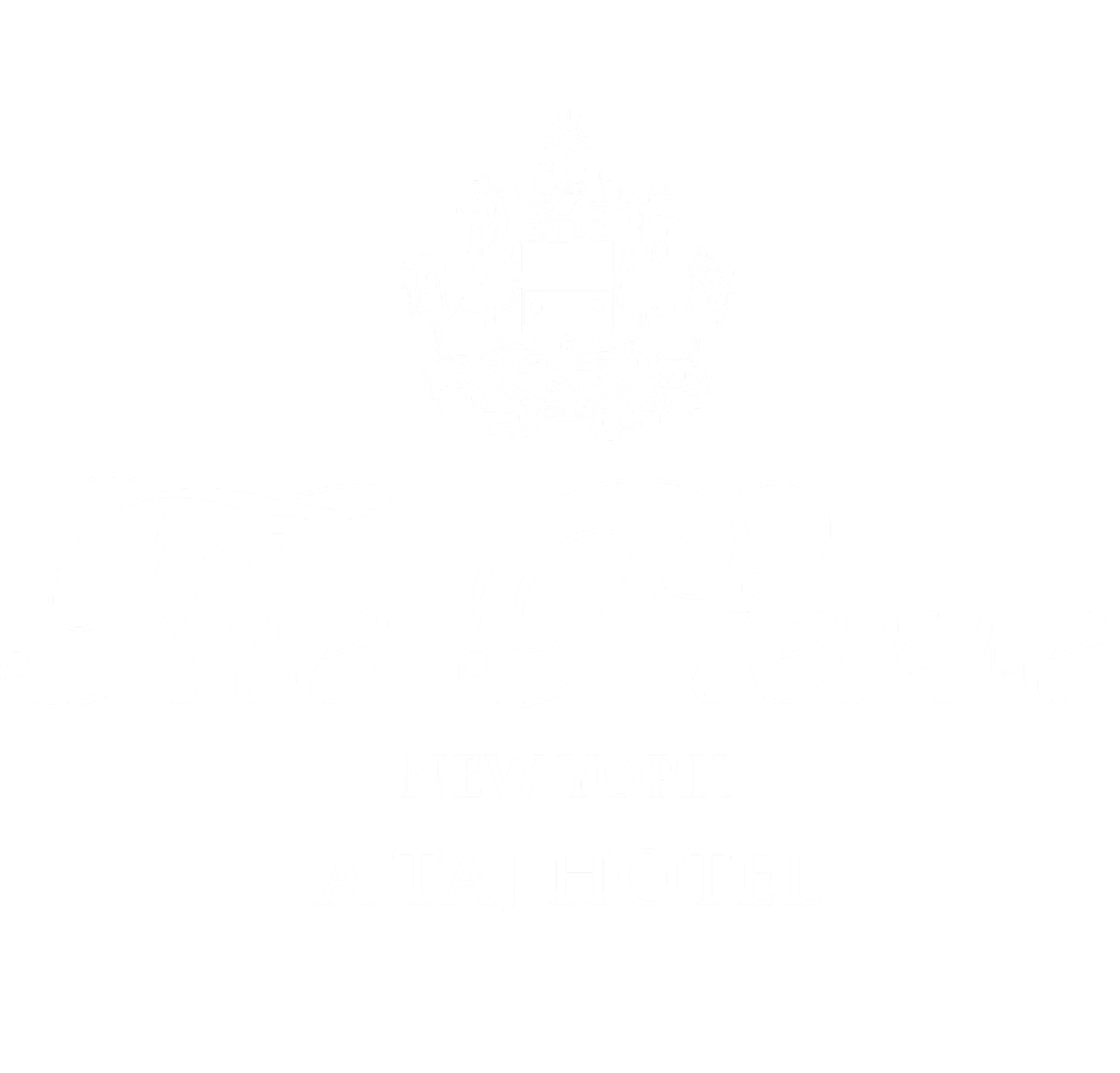 Black background with a white crest at the top, and the text 'The Pierre' in large cursive font, followed by 'New York' and 'A Taj Hotel' in smaller capital letters.