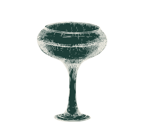 A stylized illustration of a classic coupe glass with a wide bowl and a long stem, set against a black background.