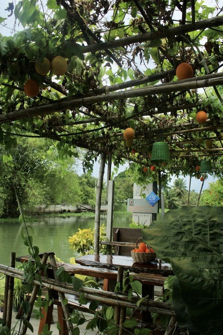 Riverside seating area with a wooden table and chairs under a leafy pergola, surrounded by hanging baskets, orange fruits, and dense vegetation beside calm water.