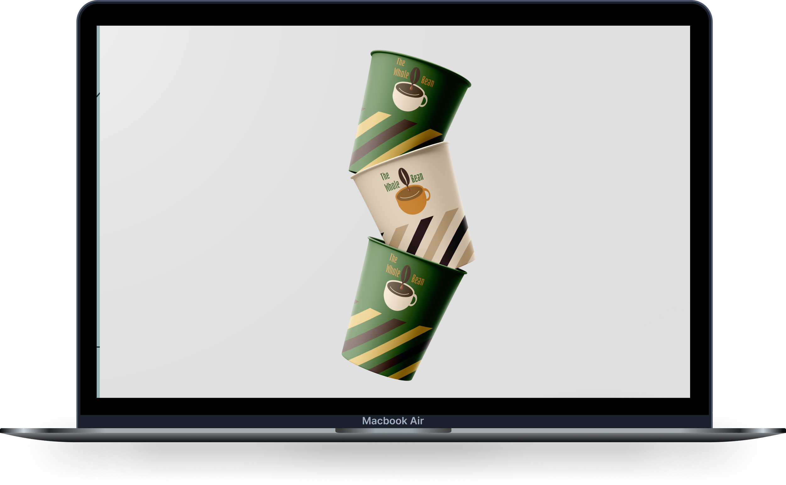Three coffee cups with logo and colorful stripes, stacked diagonally on a MacBook Air screen.