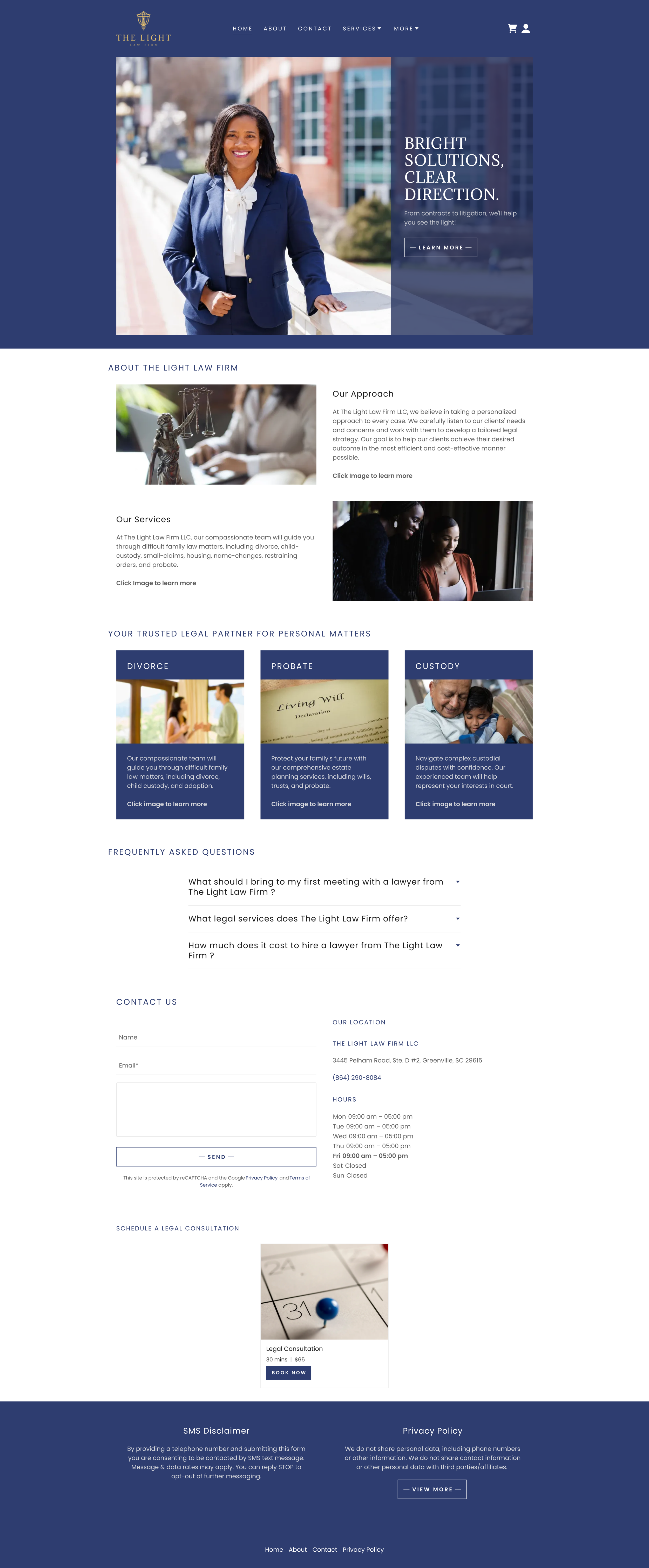 Screenshot of a lawyer's website for The Light Law Firm, featuring a smiling woman in a blue suit outdoors, with sections on legal services, FAQs, contact form, and appointment booking.