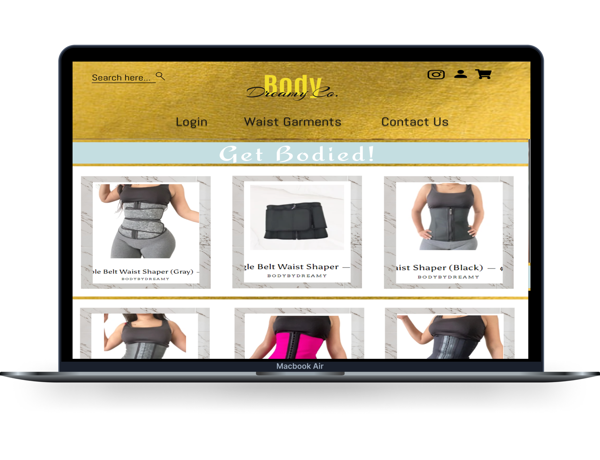 Online store page on a MacBook Air showing waist shapers and belts with products displayed in a grid, including images and descriptions.
